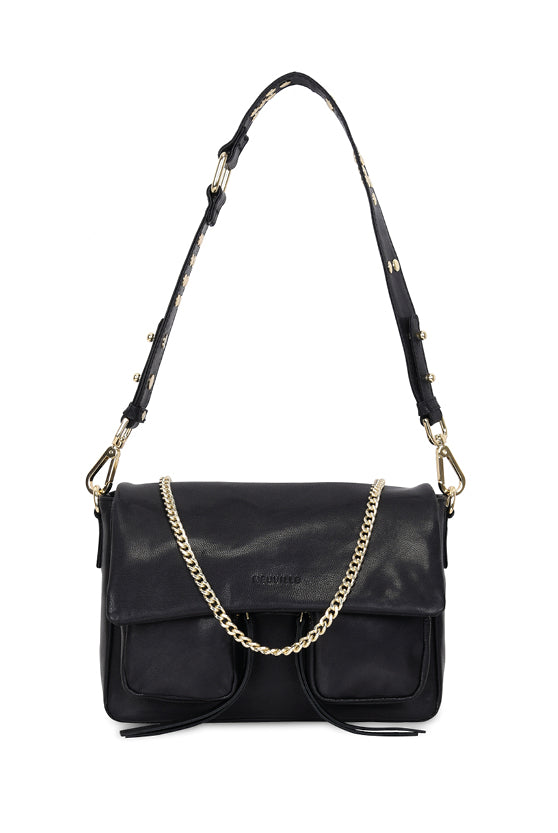 A black leather handbag with golden hardware, featuring a spacious design with multiple compartments and an adjustable chain strap.
