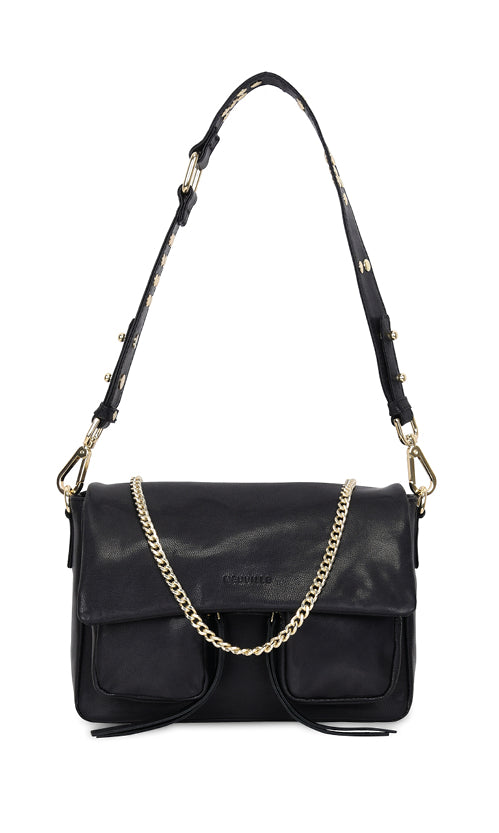 A black leather handbag with golden hardware, featuring a spacious design with multiple compartments and an adjustable chain strap.