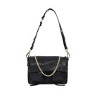 A black leather handbag with golden hardware, featuring a spacious design with multiple compartments and an adjustable chain strap.