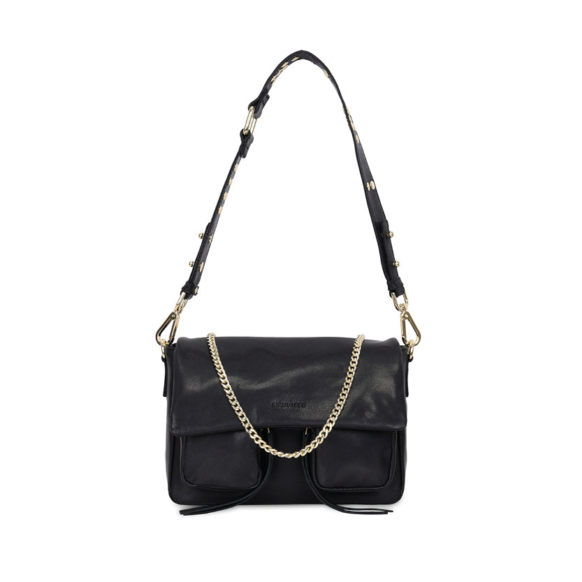 A black leather handbag with golden hardware, featuring a spacious design with multiple compartments and an adjustable chain strap.