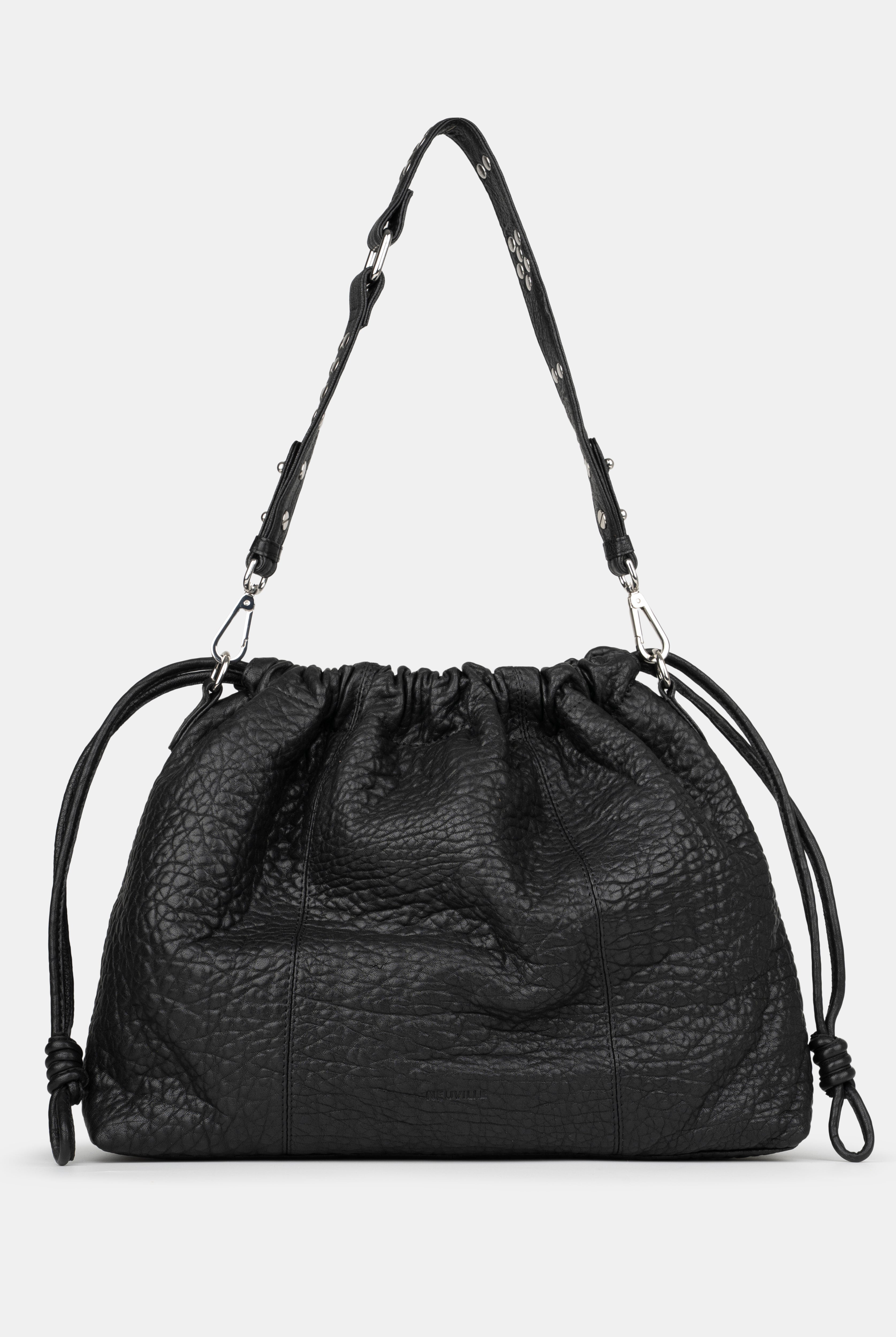 Black leather handbag with drawstring on a light gray background