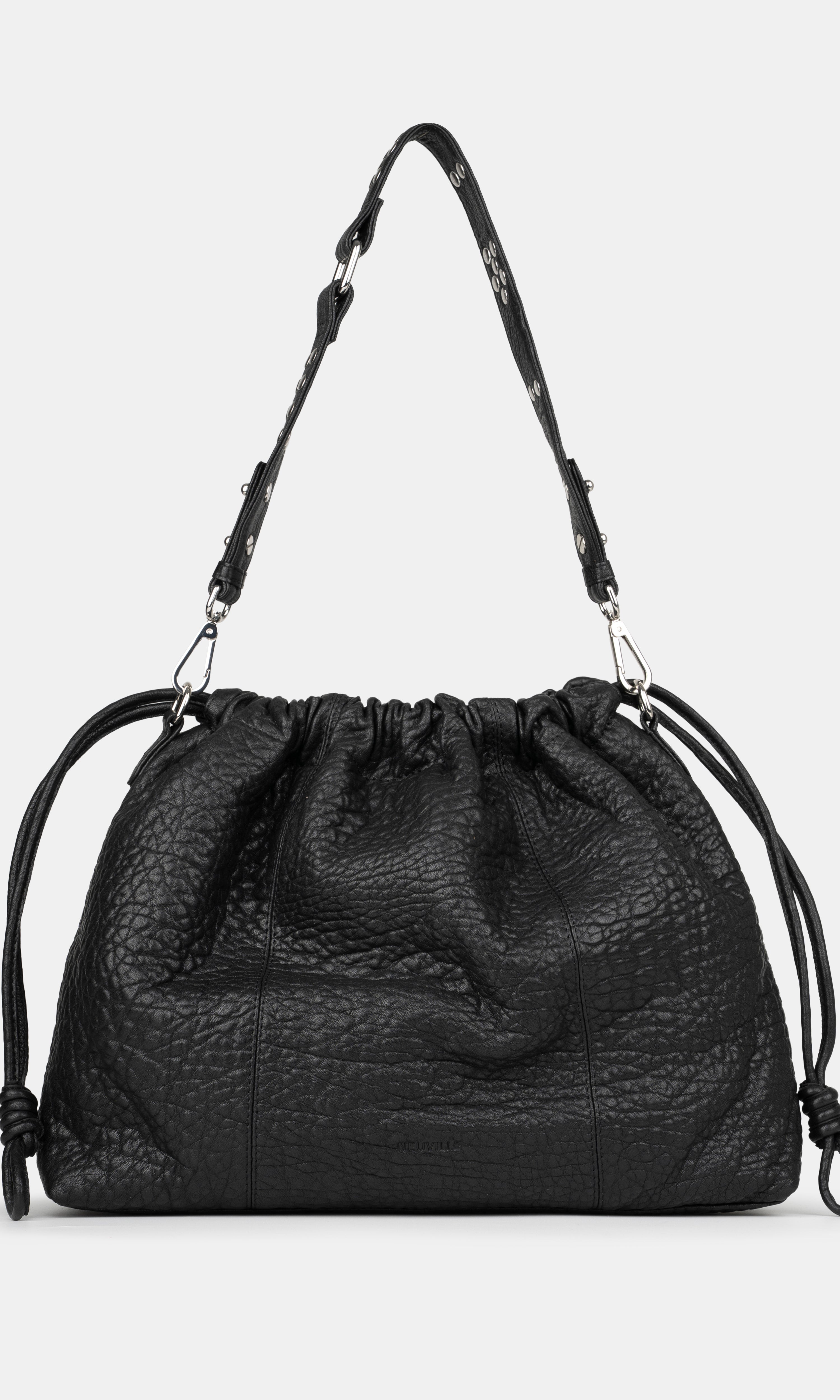 Black leather handbag with drawstring on a light gray background