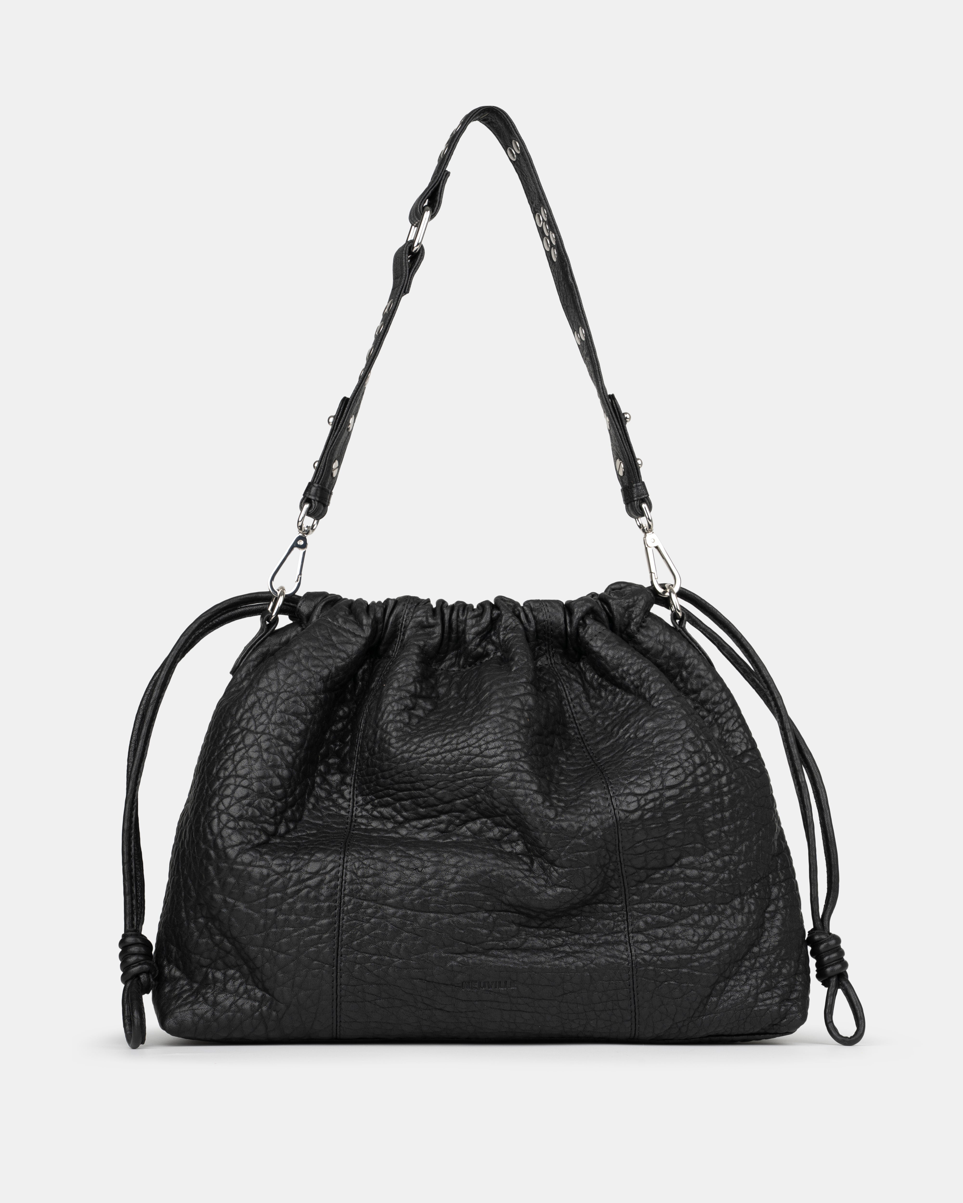 Black leather handbag with drawstring on a light gray background