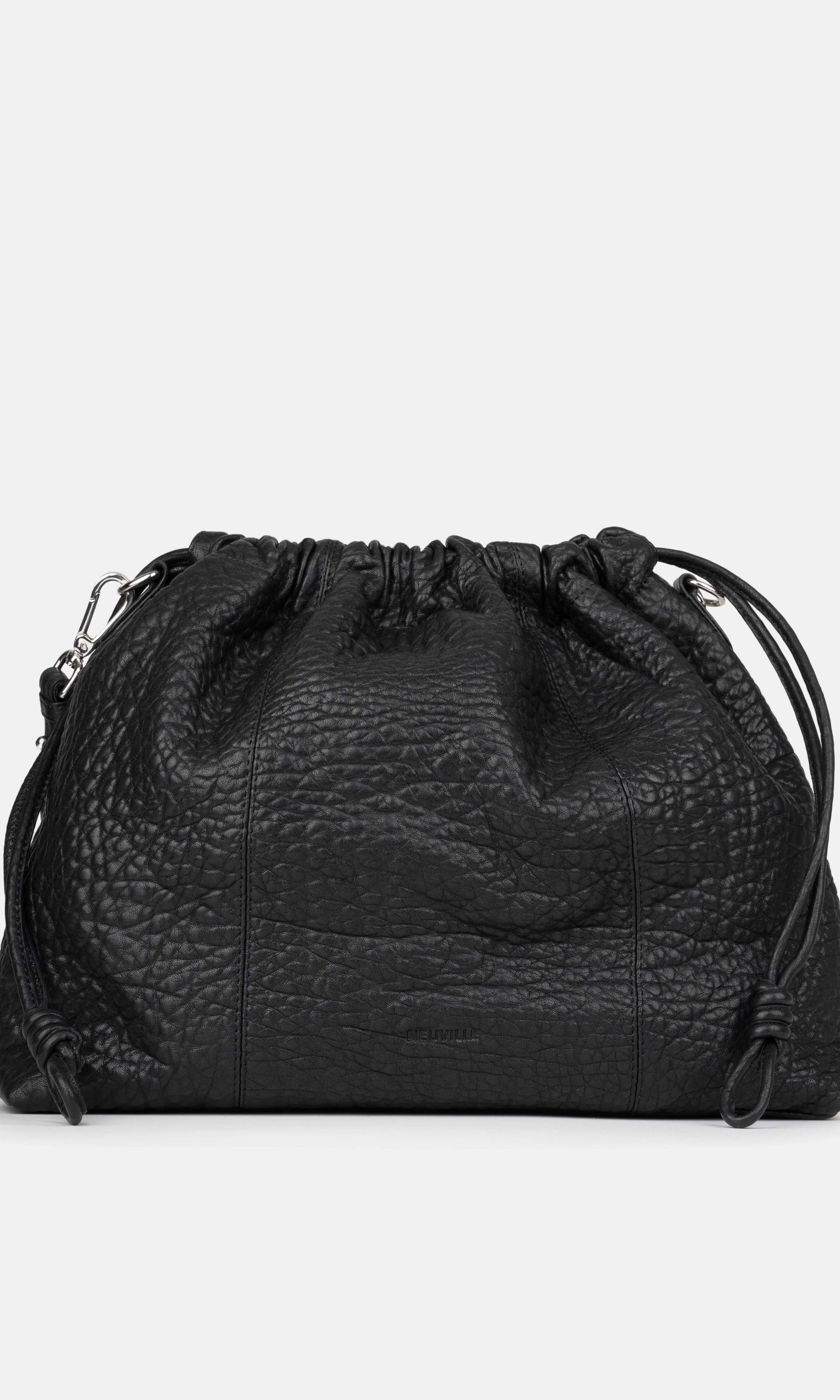 Black leather drawstring bag on a light gray background