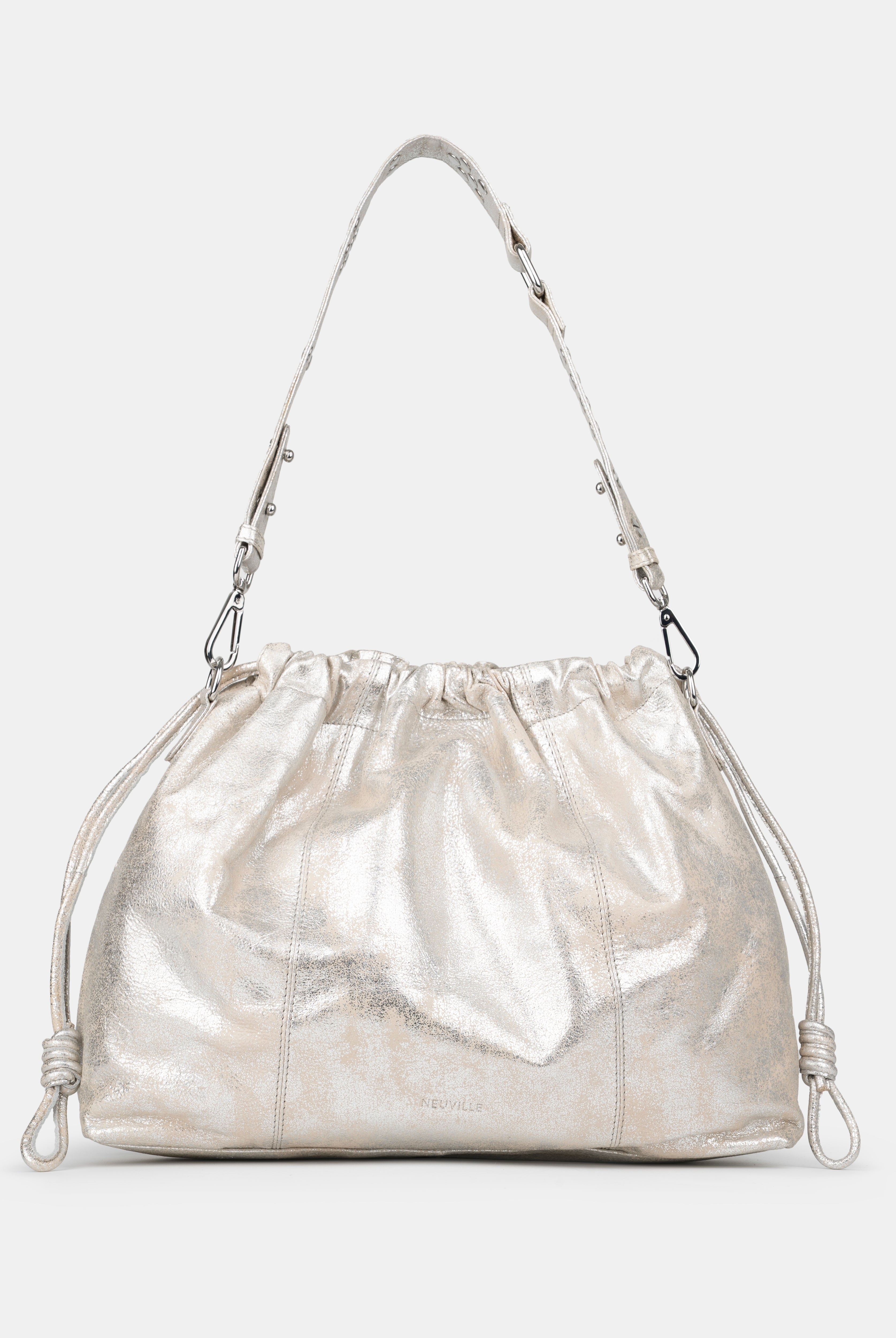 Elliot Sand Gold metallic shoulder bag on a white background with strap. Neuville bag
