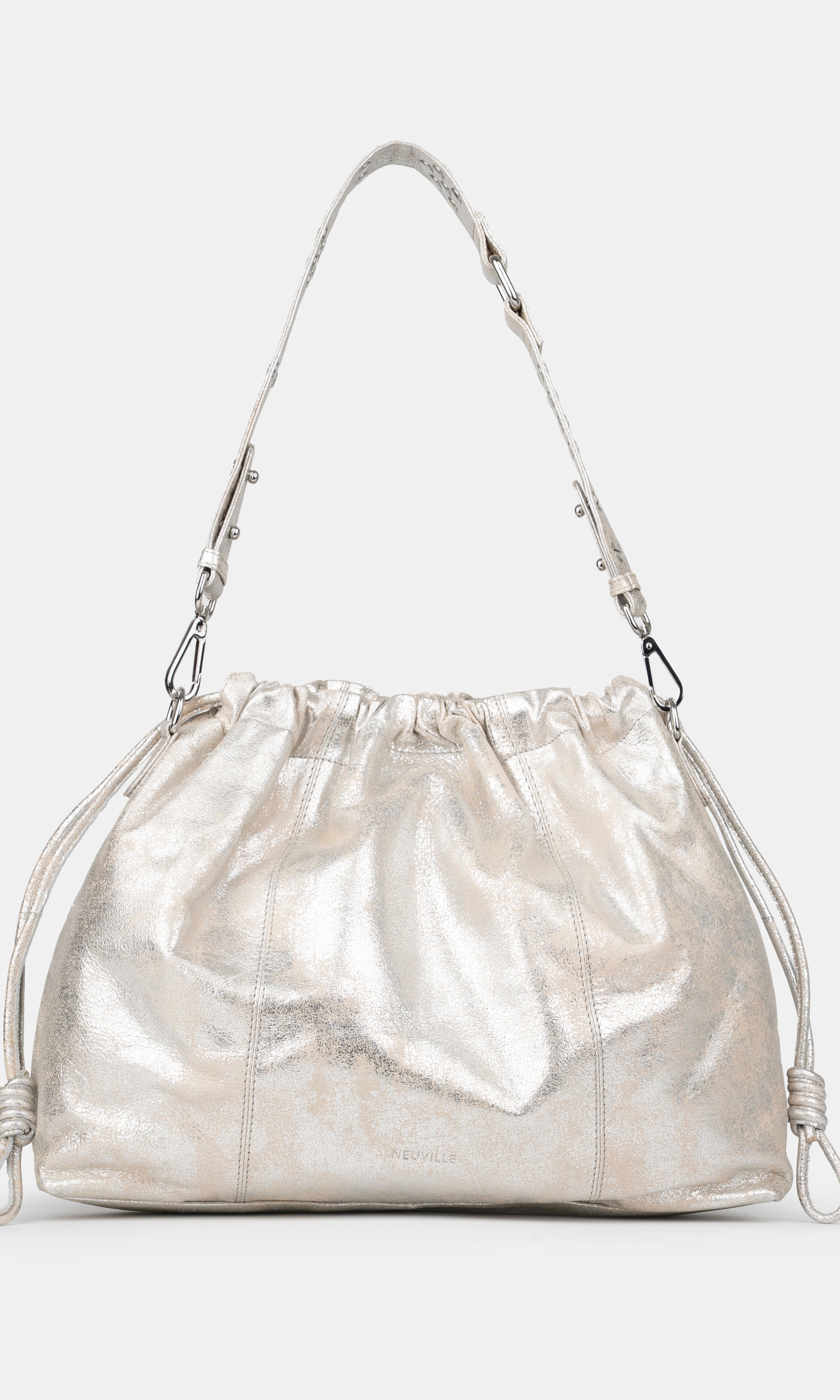 Elliot Sand Gold metallic shoulder bag on a white background with strap. Neuville bag