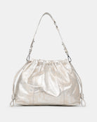 Elliot Sand Gold metallic shoulder bag on a white background with strap. Neuville bag