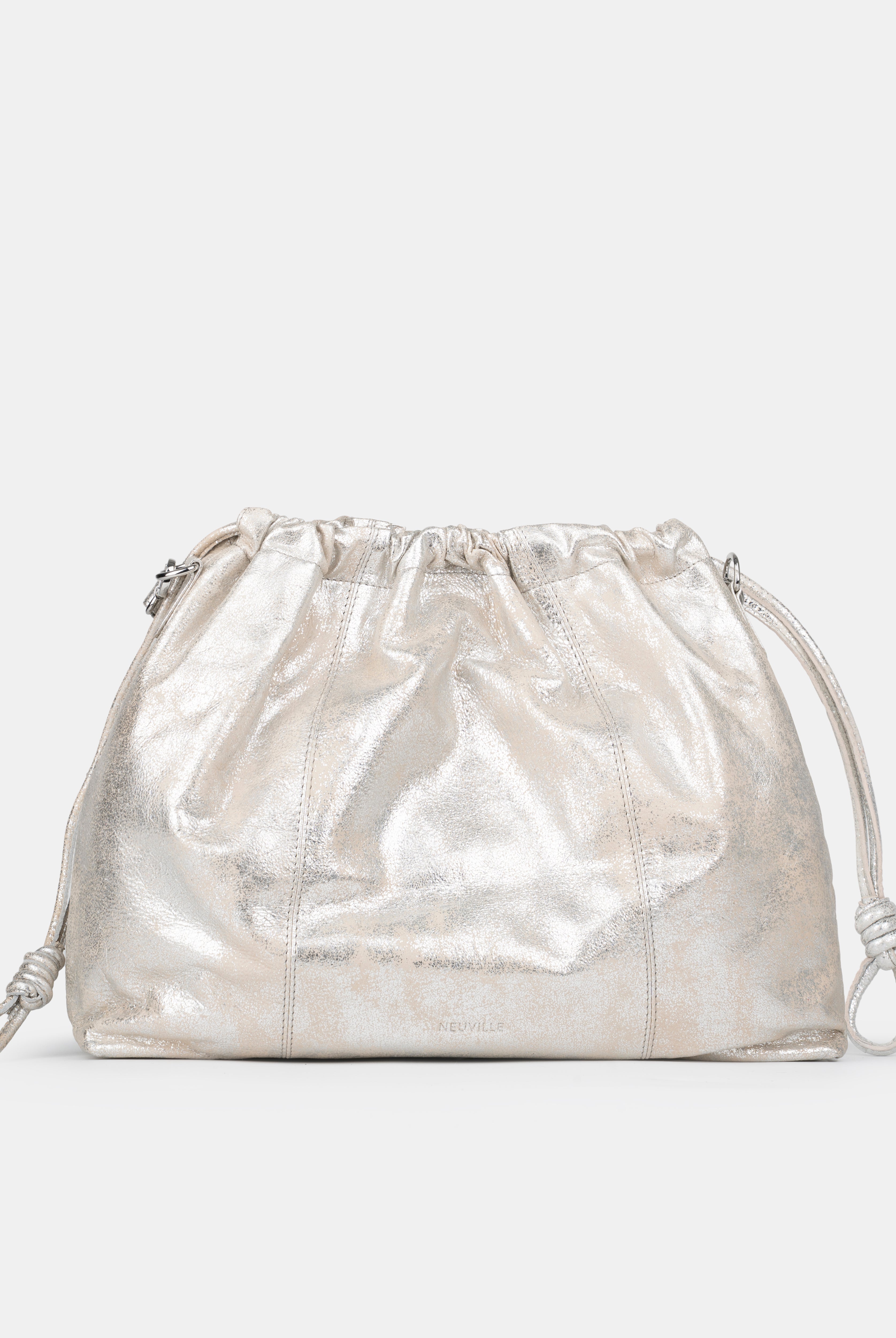 Elliot Sand Gold metallic drawstring shoulder bag on a white background. Neuville bag. Front side