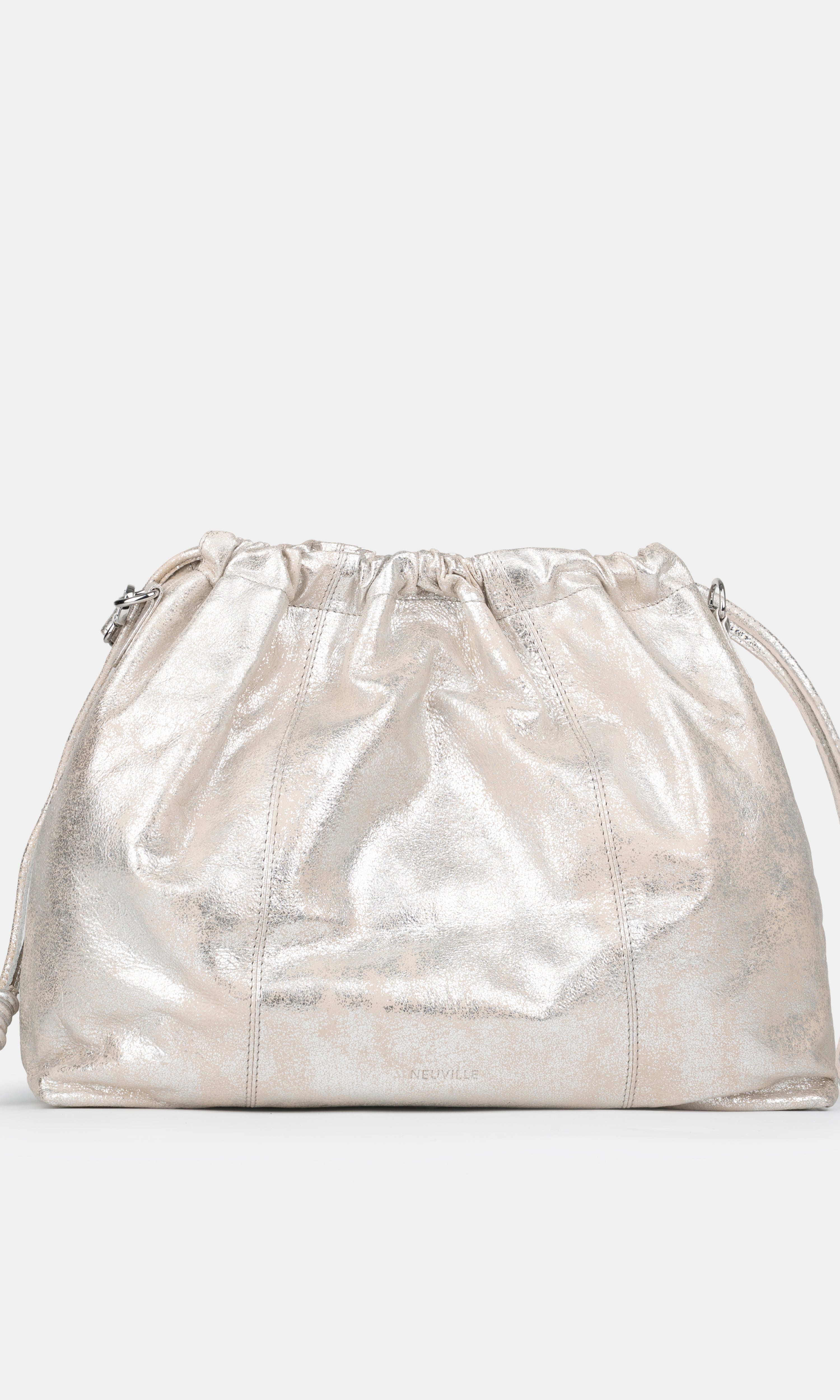 Elliot Sand Gold metallic drawstring shoulder bag on a white background. Neuville bag. Front side