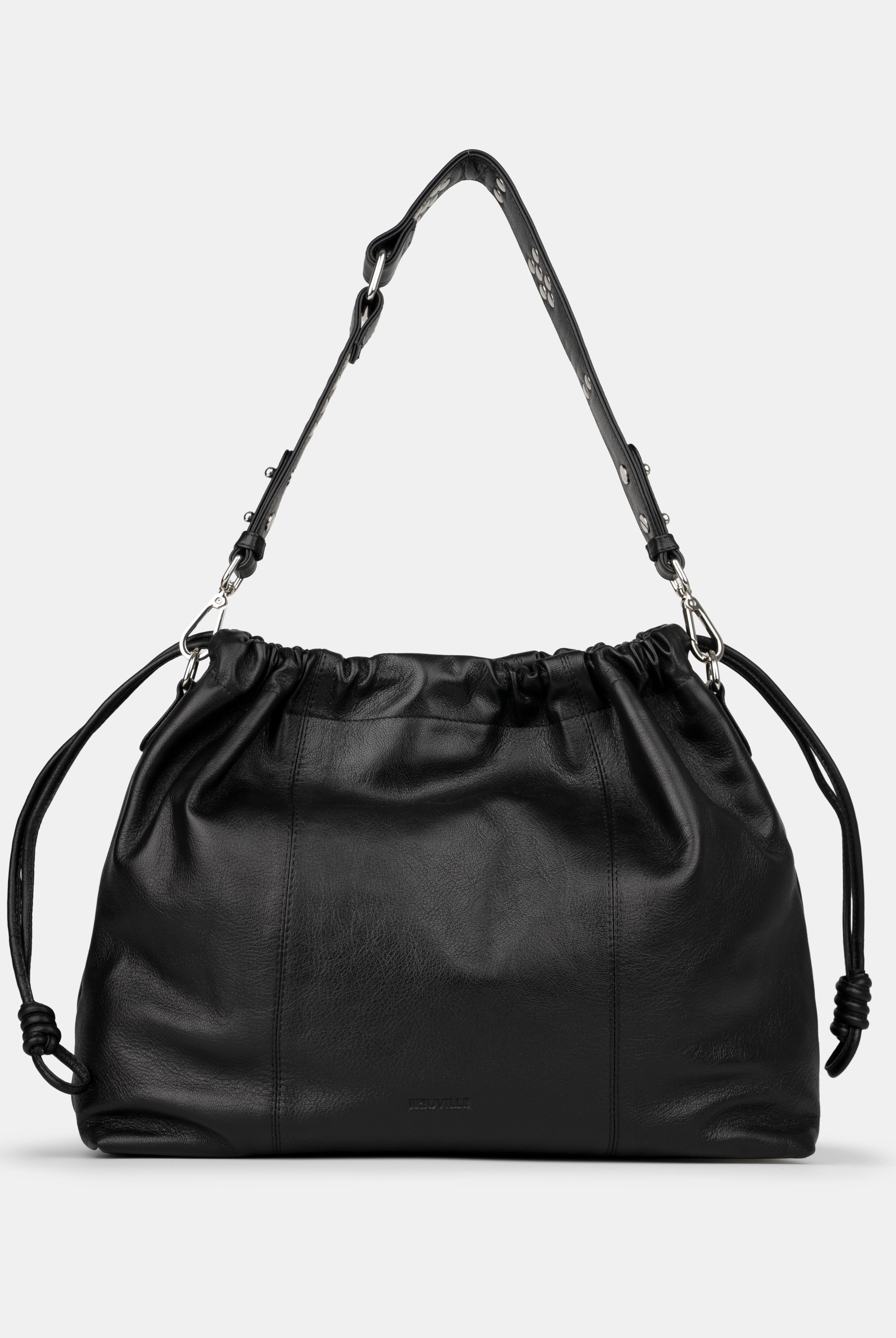 Black leather shoulder and crossbody bag with drawstring on a light gray background. Front Photo of Elliot Black Neuville