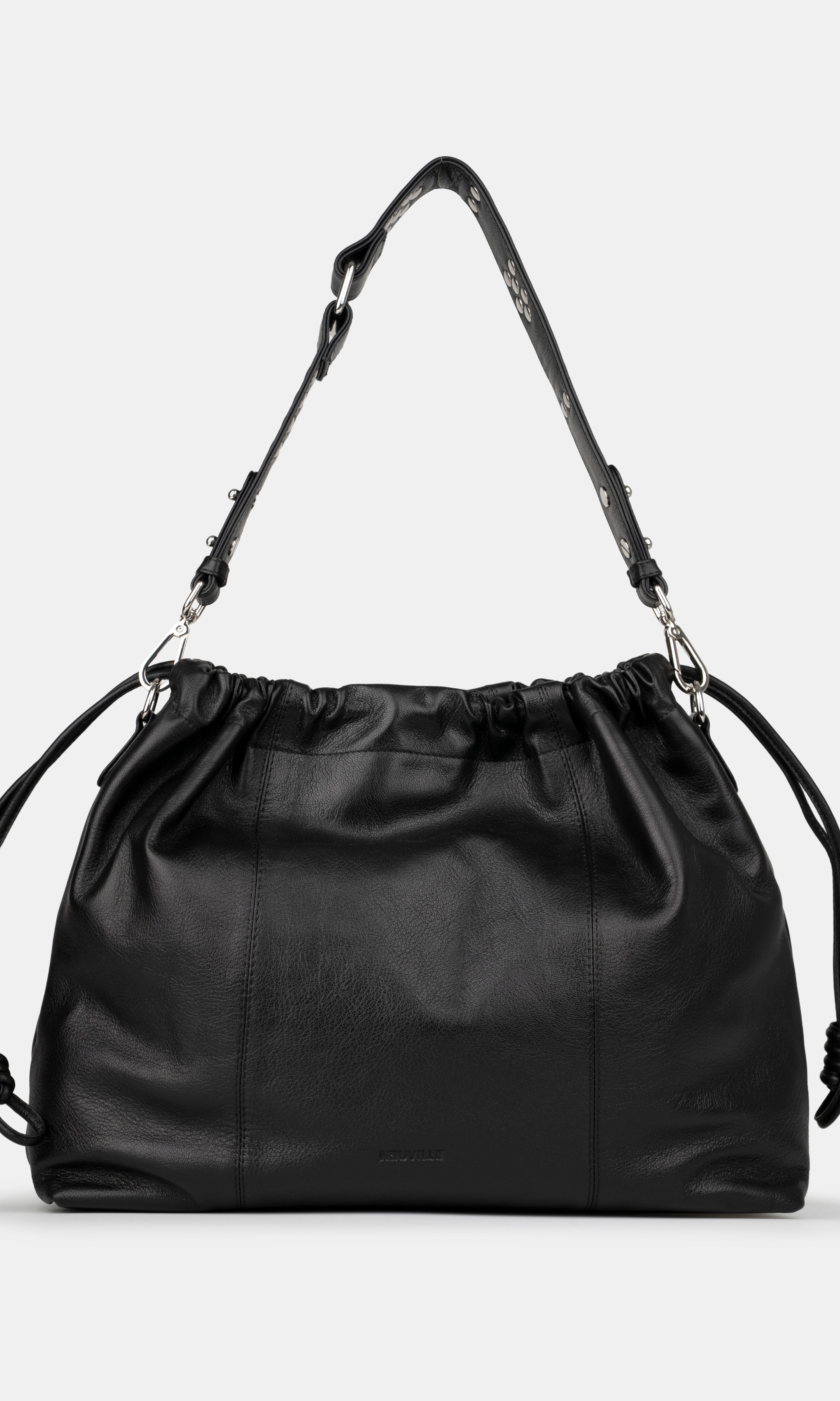 Black leather shoulder and crossbody bag  with drawstring on a light gray background. Front Photo of Elliot Black Neuville