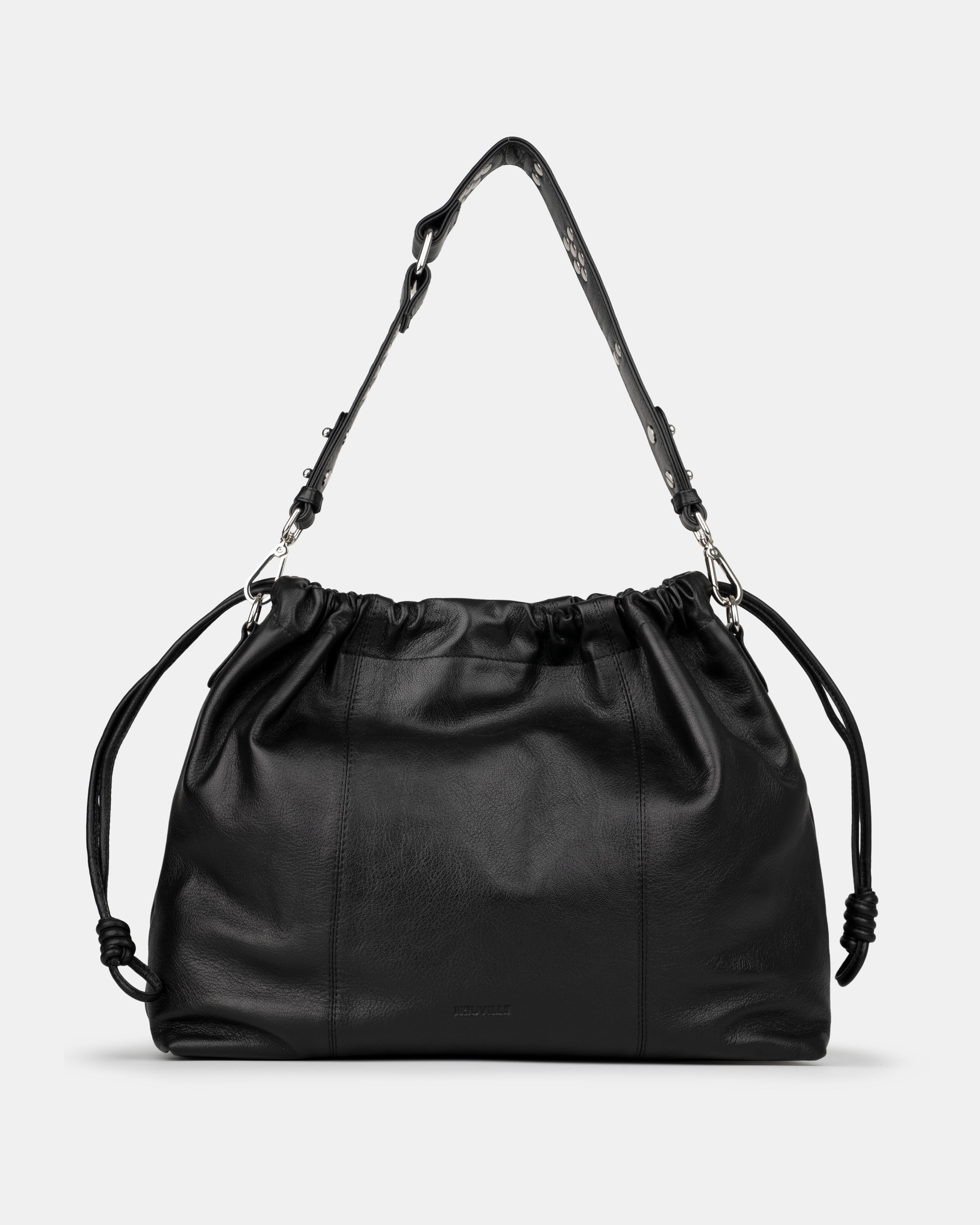 Black leather shoulder and crossbody bag  with drawstring on a light gray background. Front Photo of Elliot Black Neuville