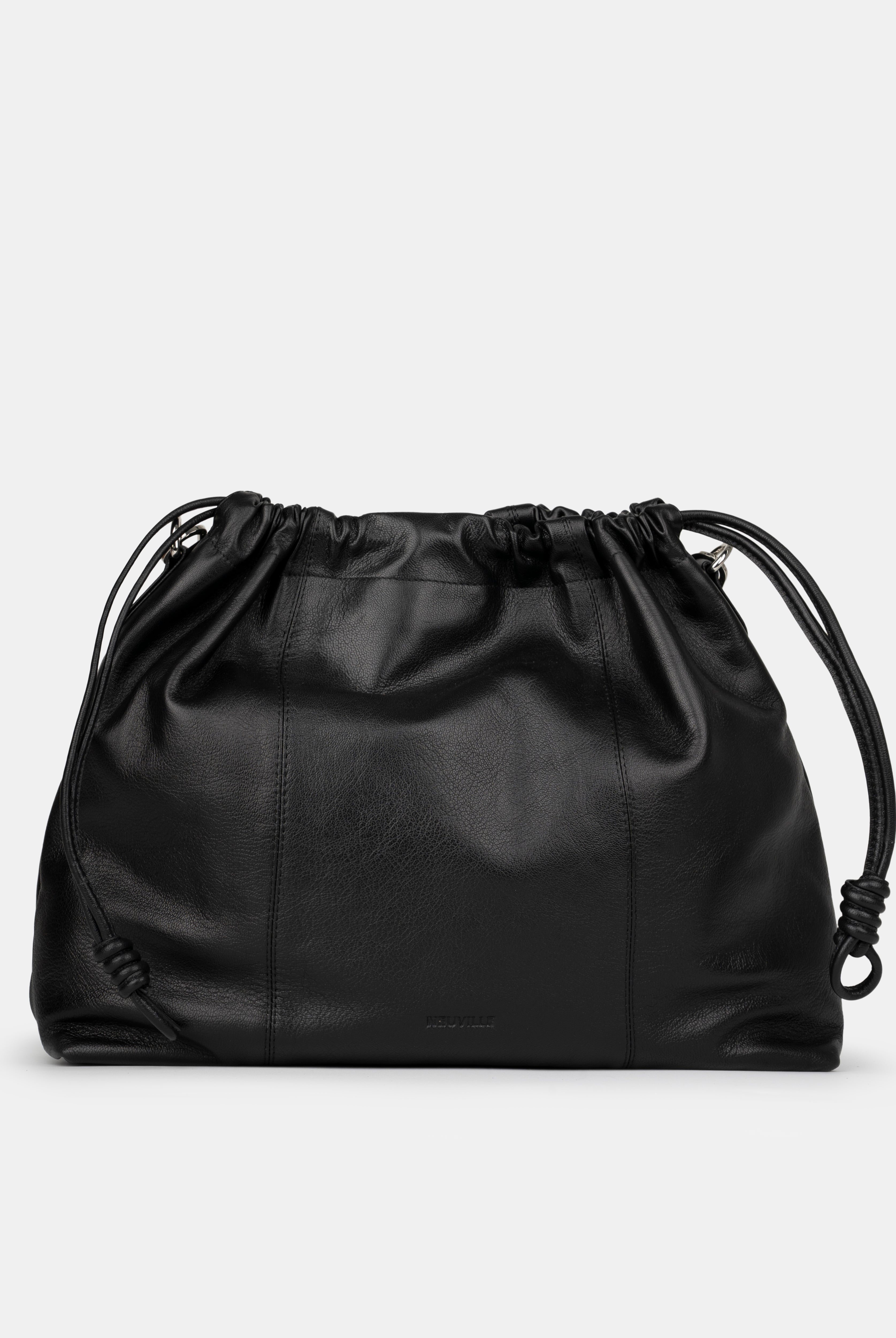 Black leather shoulder and crossbody bag with drawstring on a light gray background. Front Photo of Elliot Black Neuville without strap