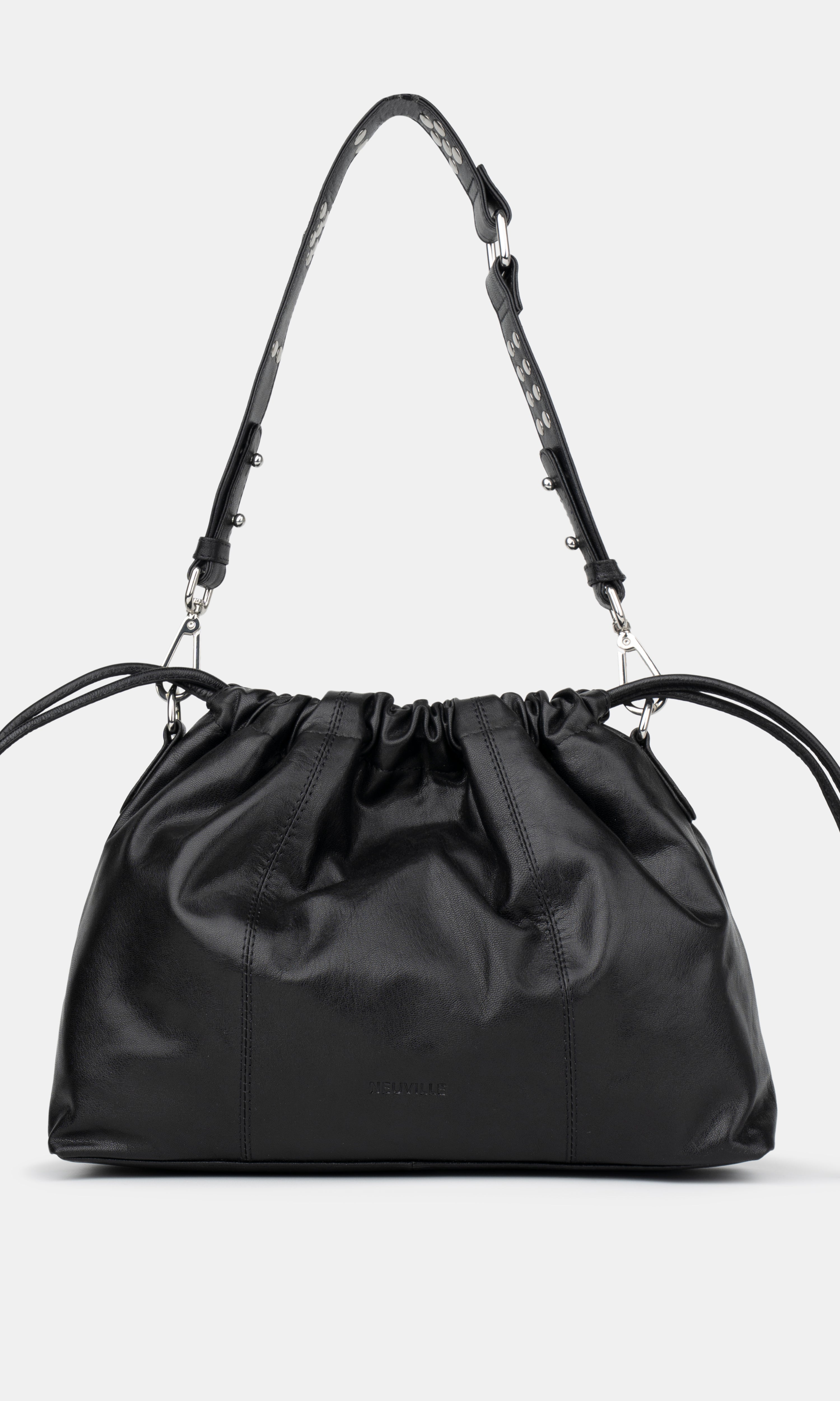 Black drawstring bag with adjustable strap on a light gray background