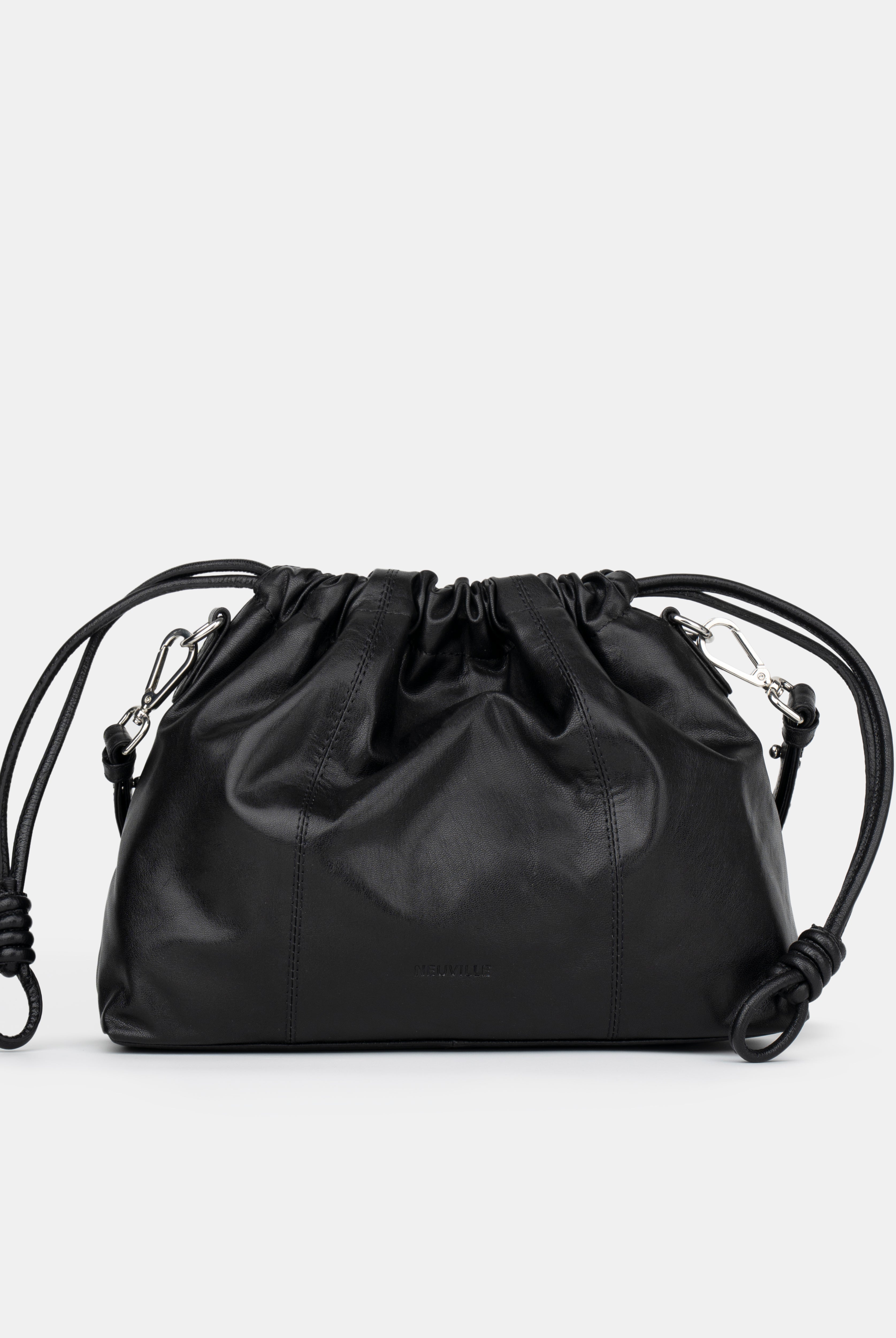 Black drawstring bag on a light gray background