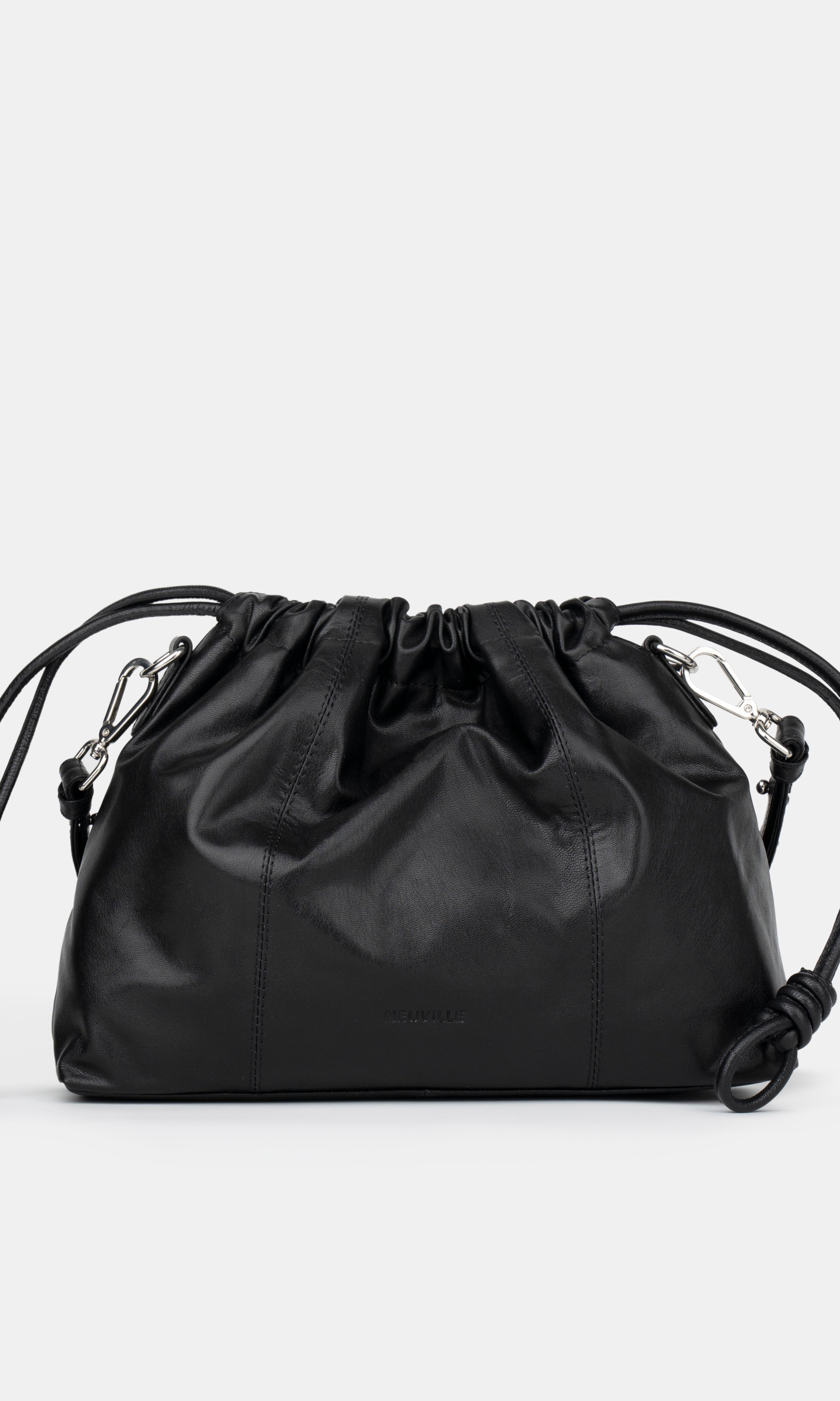 Black drawstring bag on a light gray background