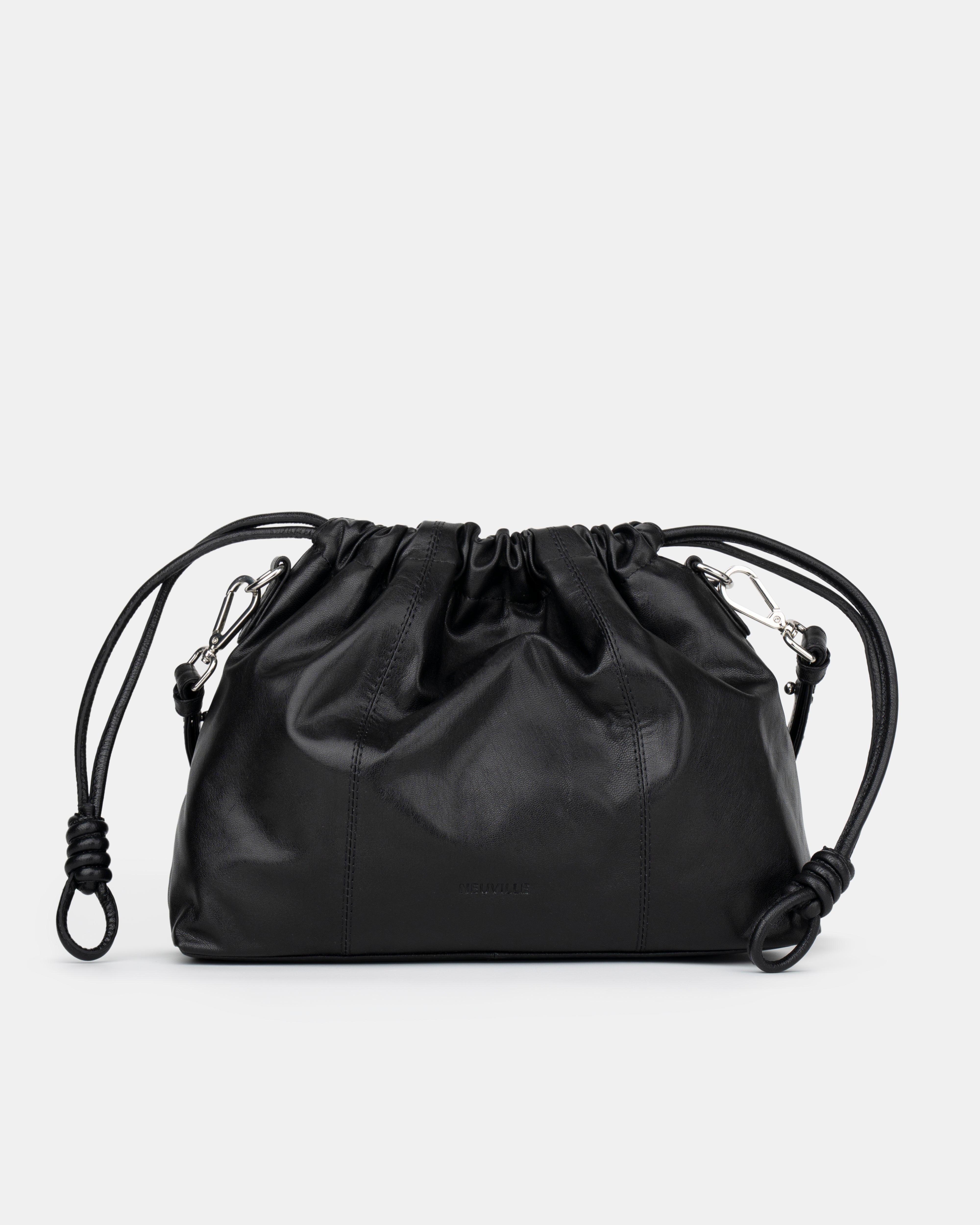 Black drawstring bag on a light gray background