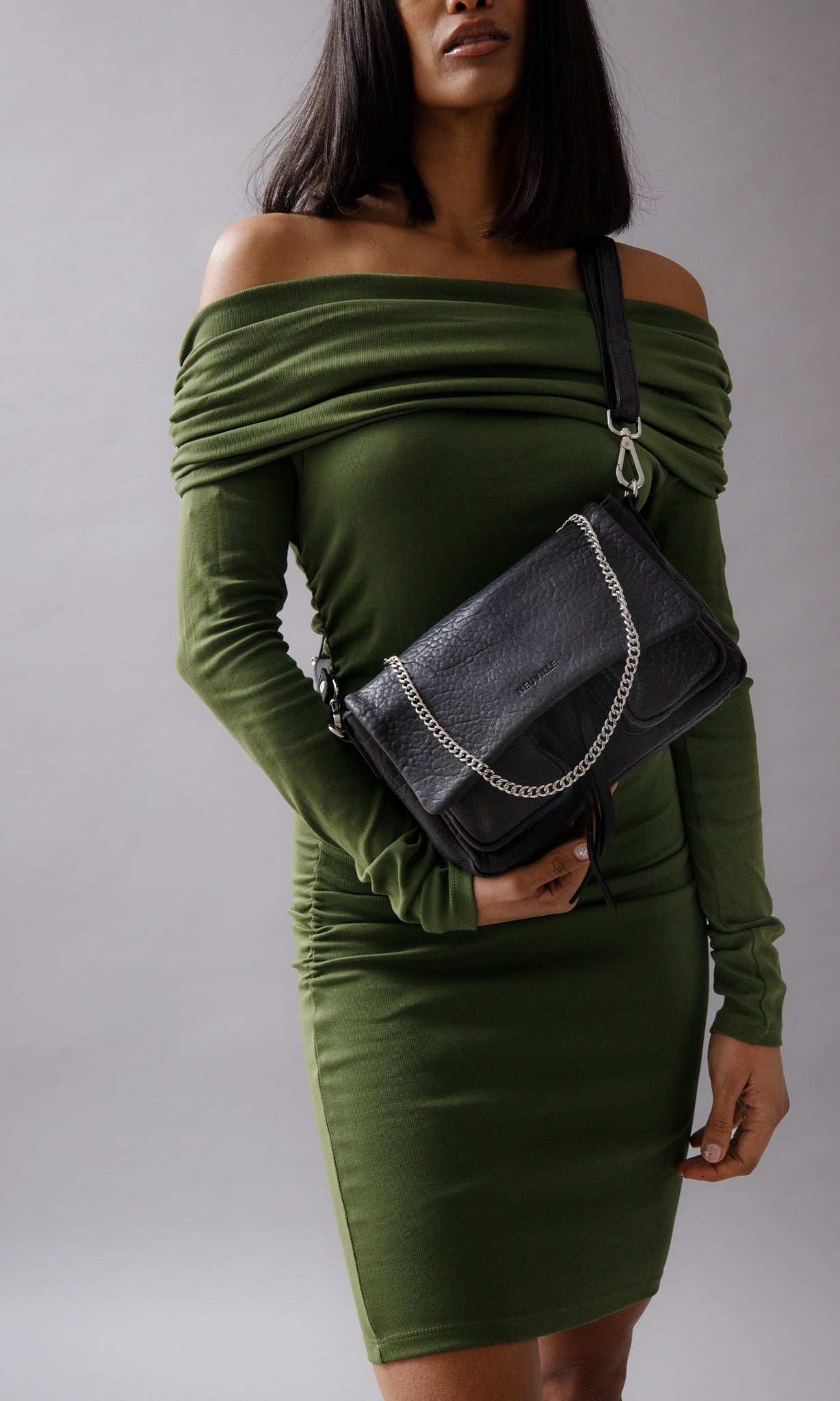 Maxke Bubble Black Leather bag in studio on model