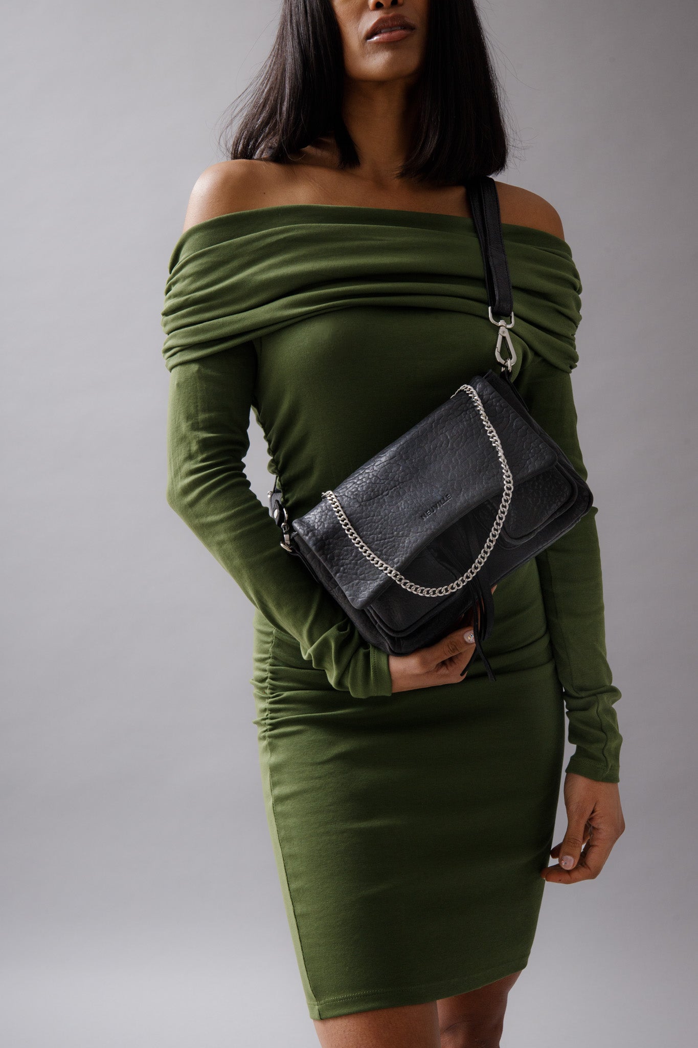 Maxke Bubble Black Leather bag in studio on model