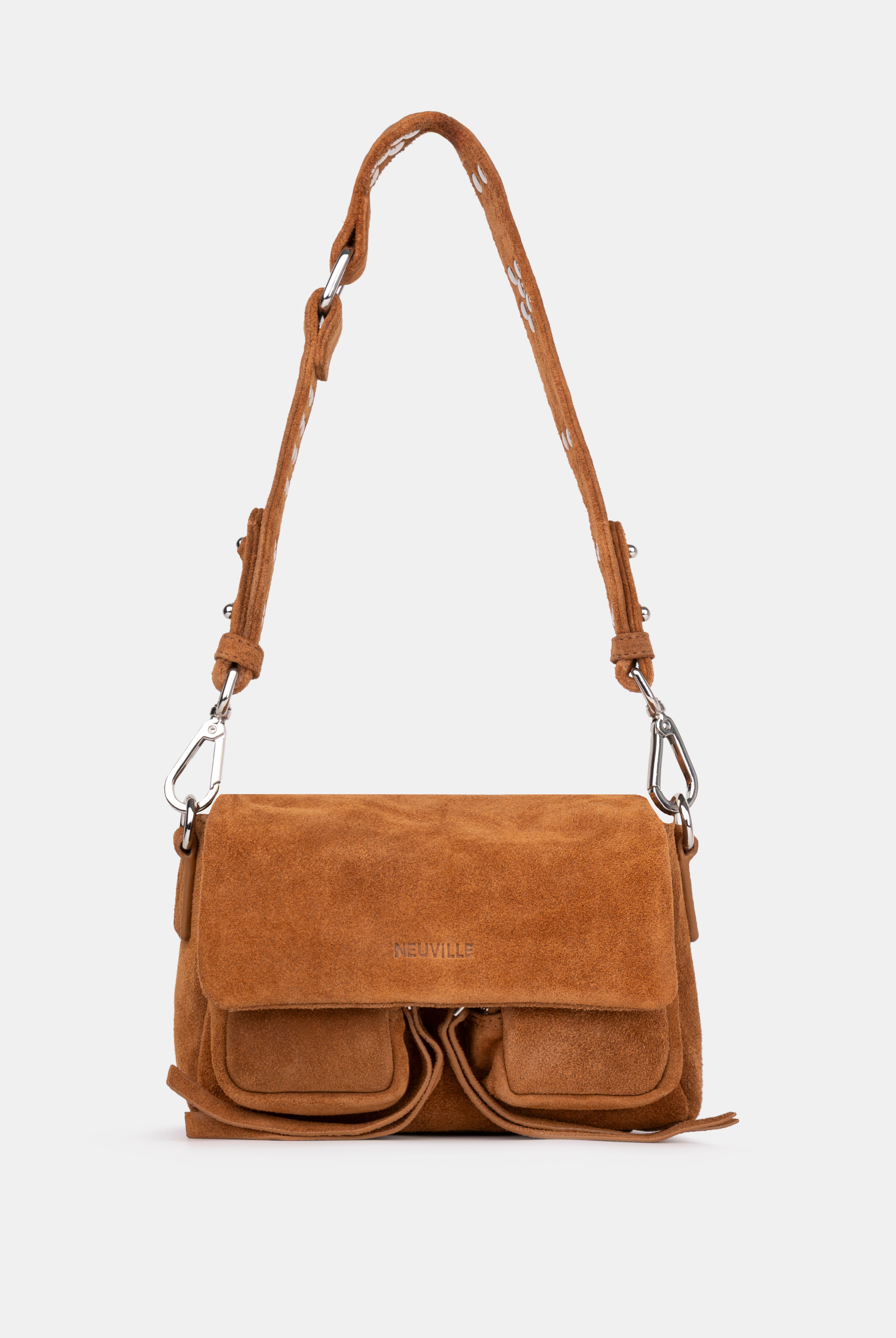 Max Mini Suede Caramel. front side photo with strap