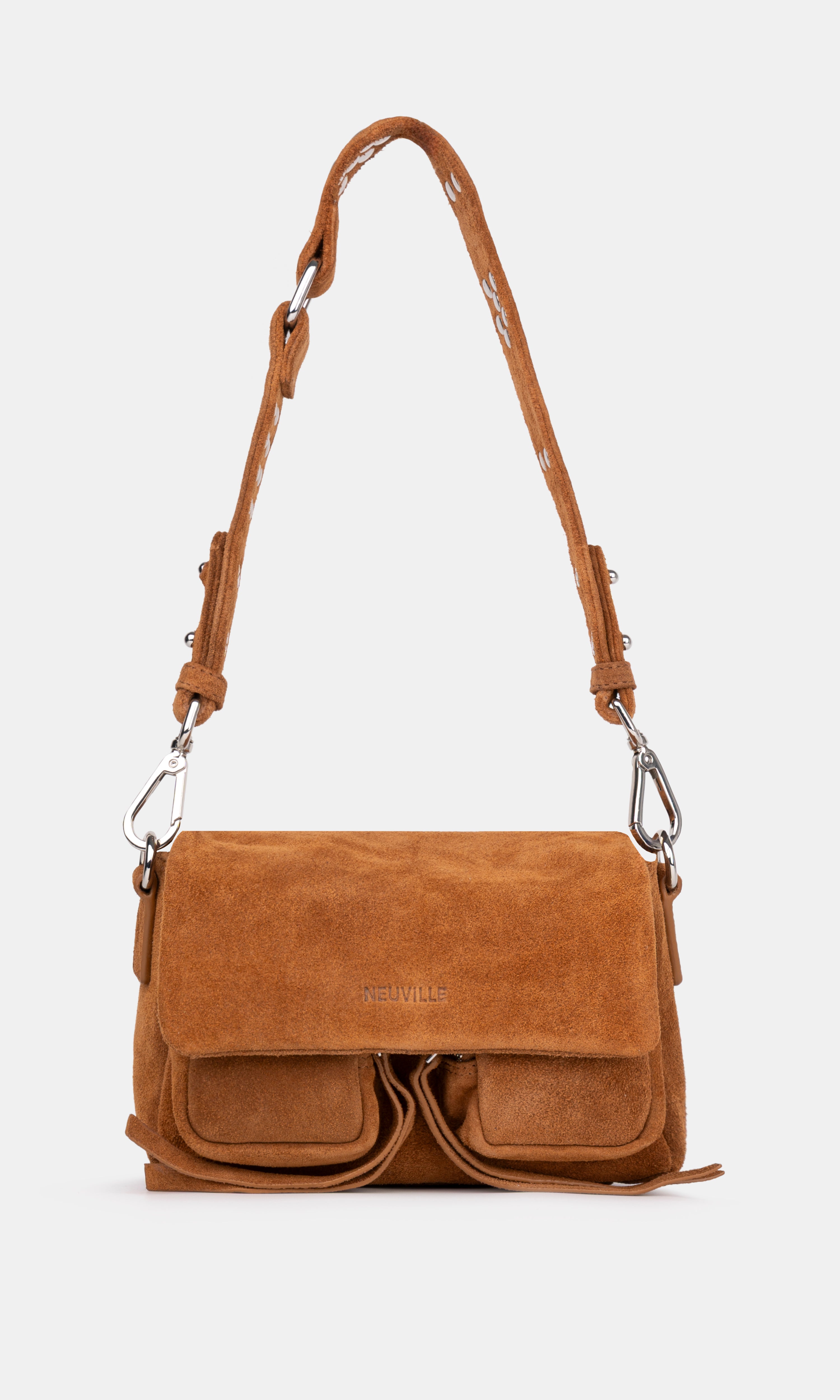 Max Mini Suede Caramel. front  side photo with strap