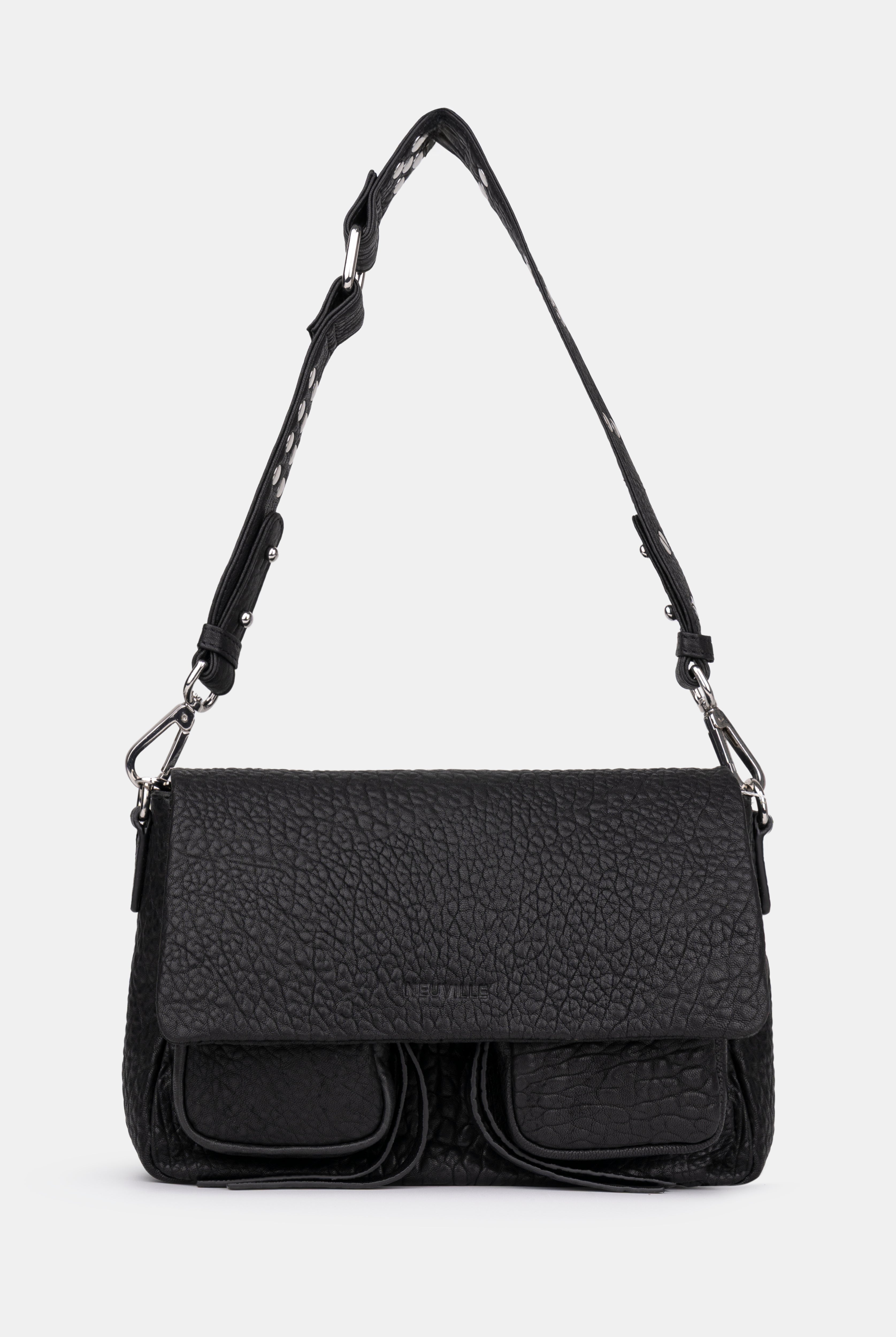 Maxke Bubble Black Leather shoulder - and crossbody bag with silver hardware of the brand Neuville. Front photo with strap