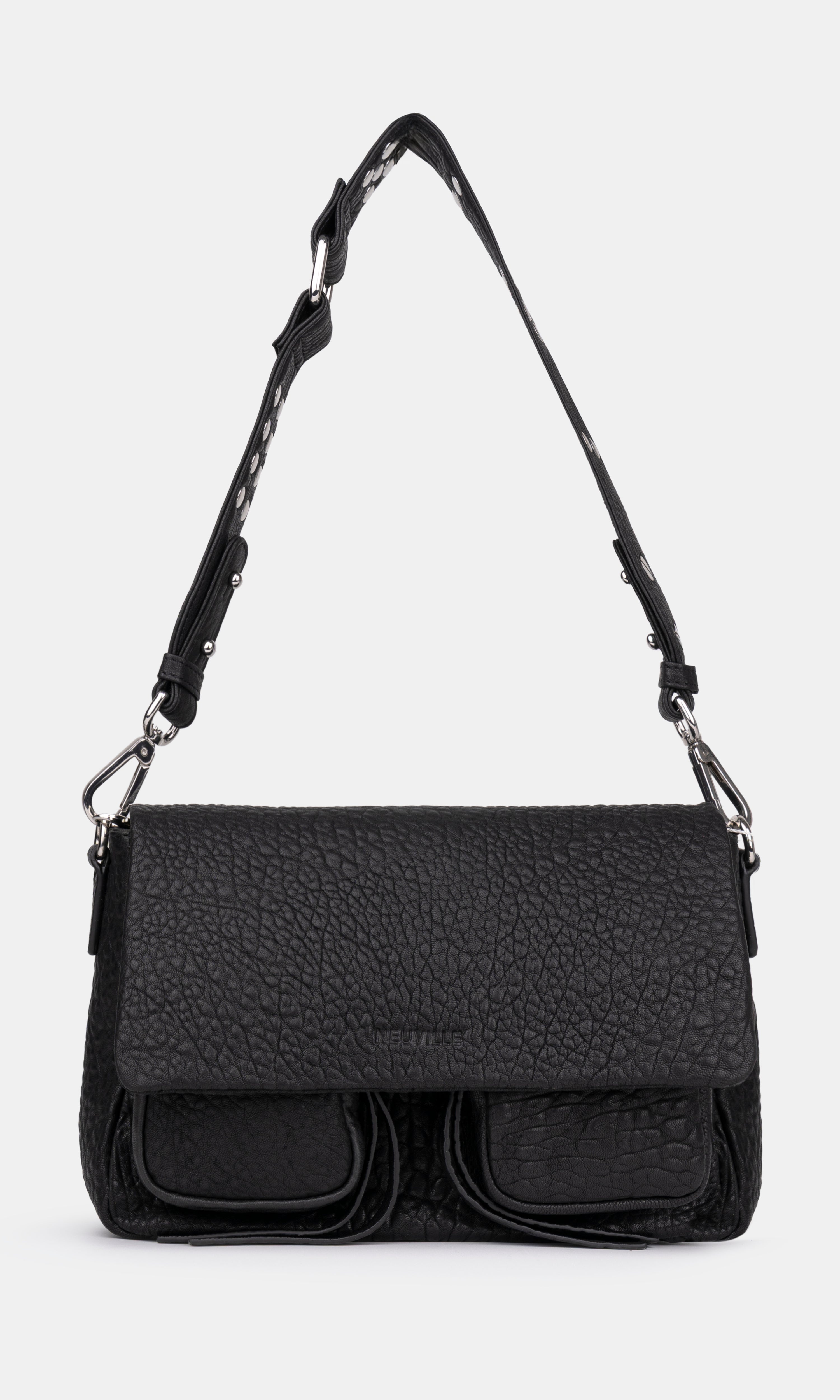 Maxke Bubble Black Leather shoulder - and crossbody bag with silver hardware of the brand Neuville. Front photo with strap