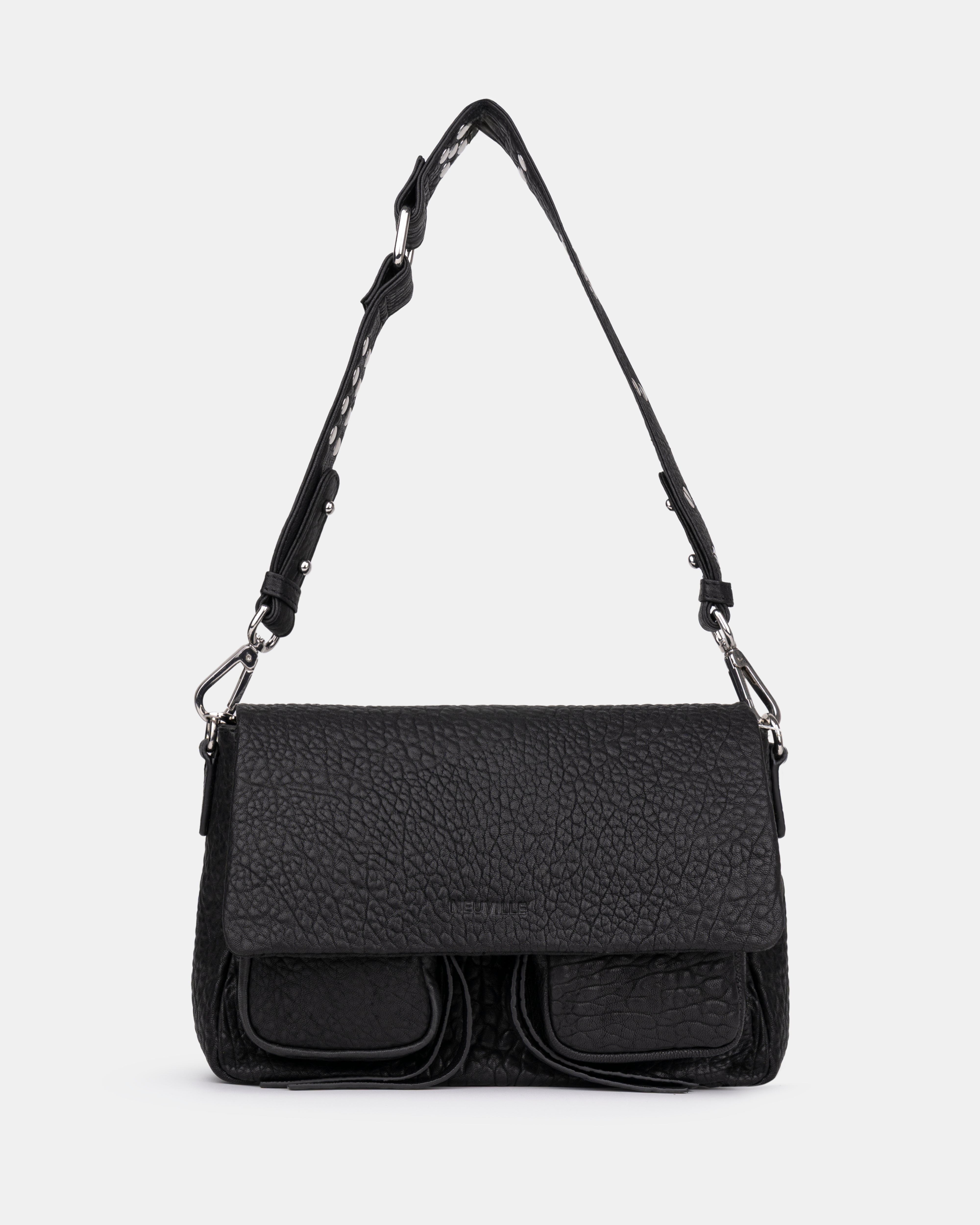 Maxke Bubble Black Leather shoulder - and crossbody bag with silver hardware of the brand Neuville. Front photo with strap