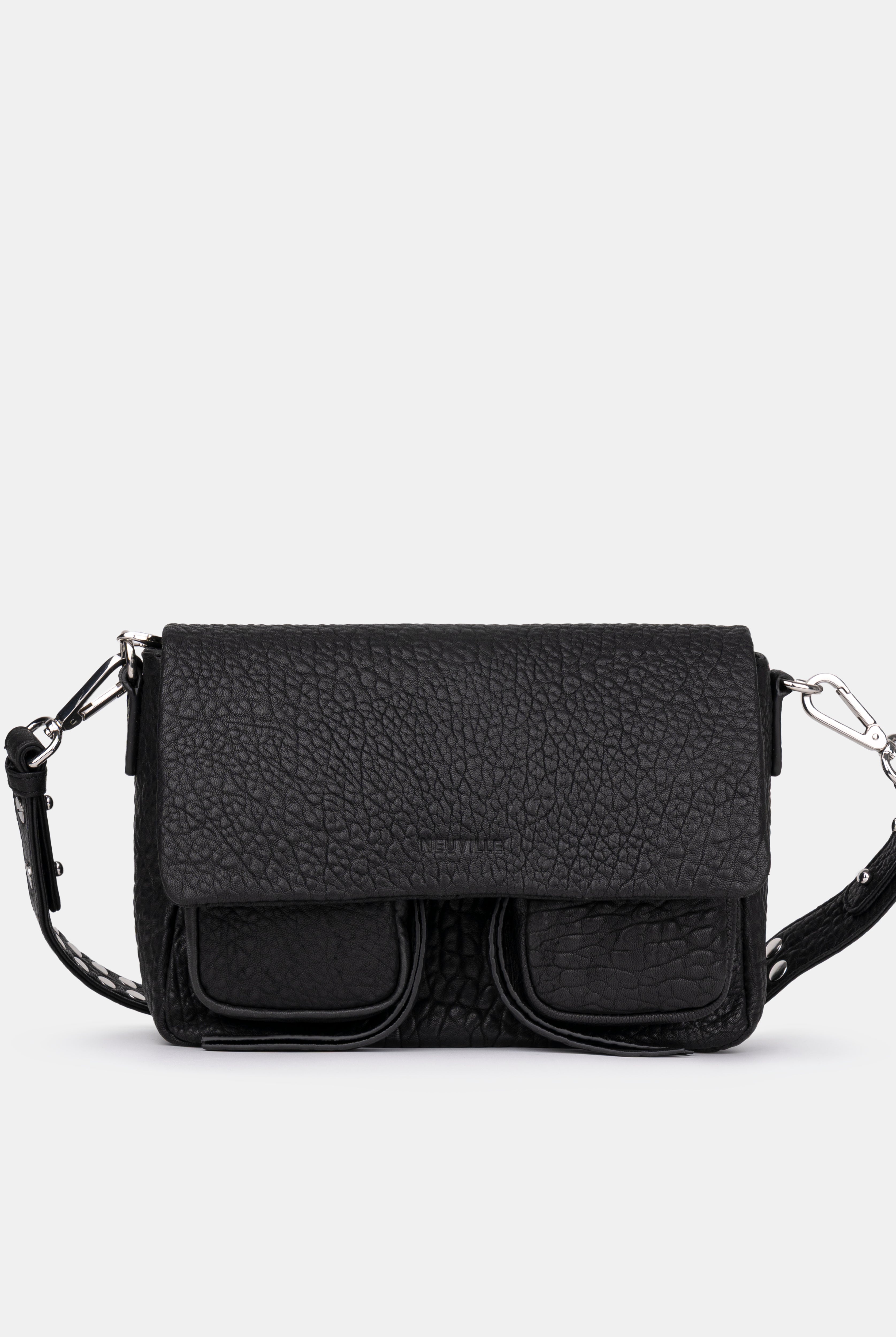 Maxke Black Leather shoulder - and crossbody bag with golden hardware of the brand Neuville. Front photo