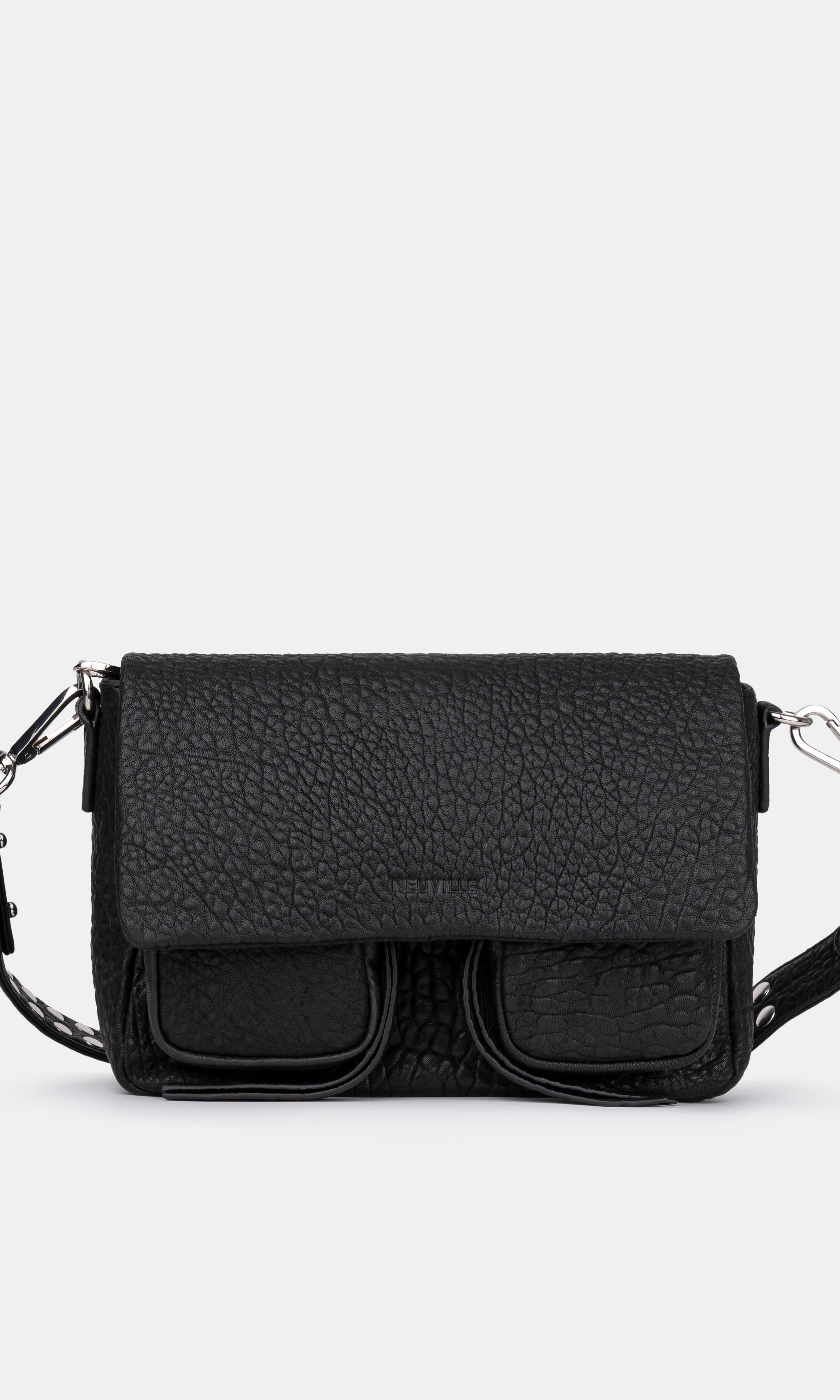 Maxke Black Leather shoulder - and crossbody bag with golden hardware of the brand Neuville. Front photo