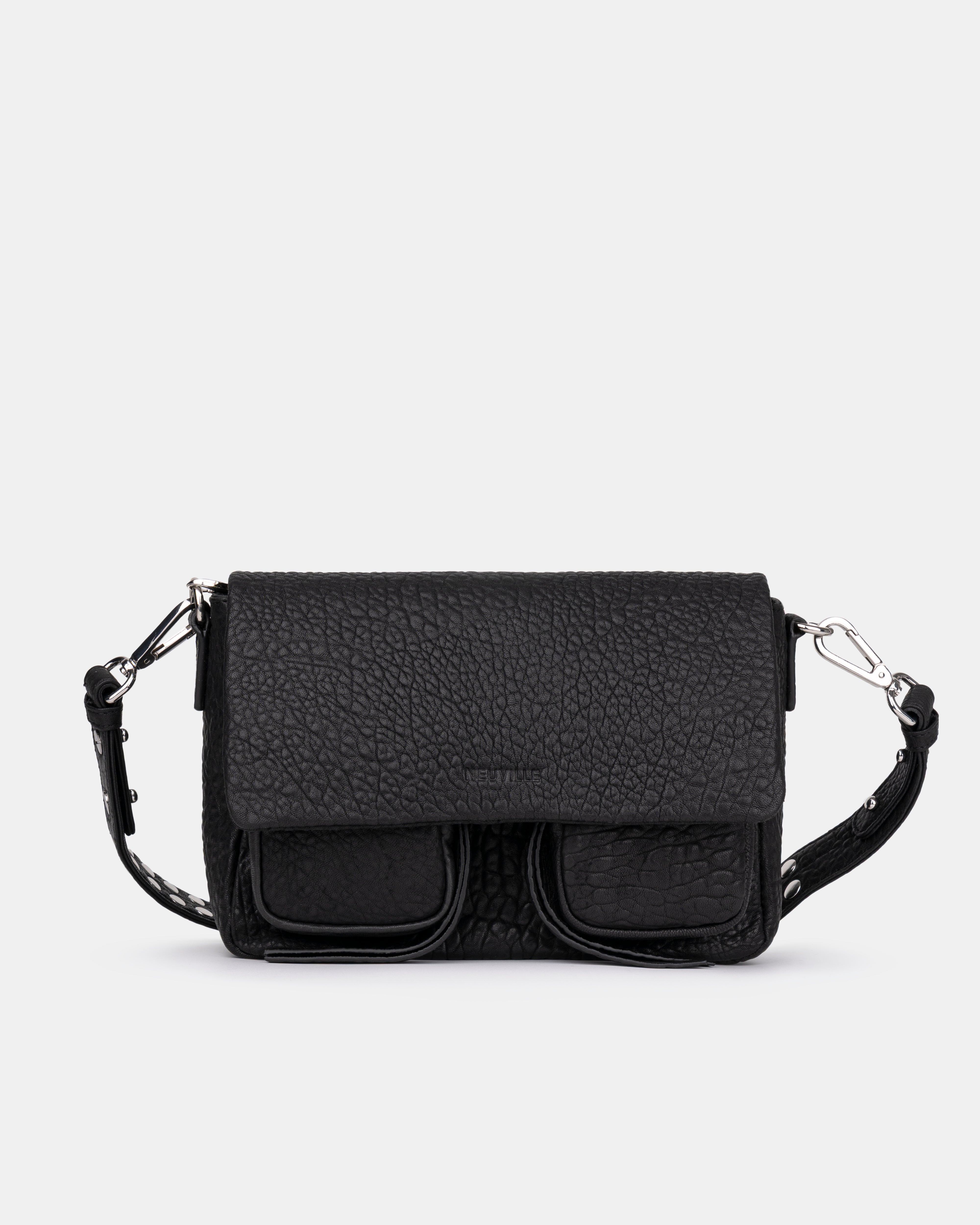 Maxke Black Leather shoulder - and crossbody bag with golden hardware of the brand Neuville. Front photo