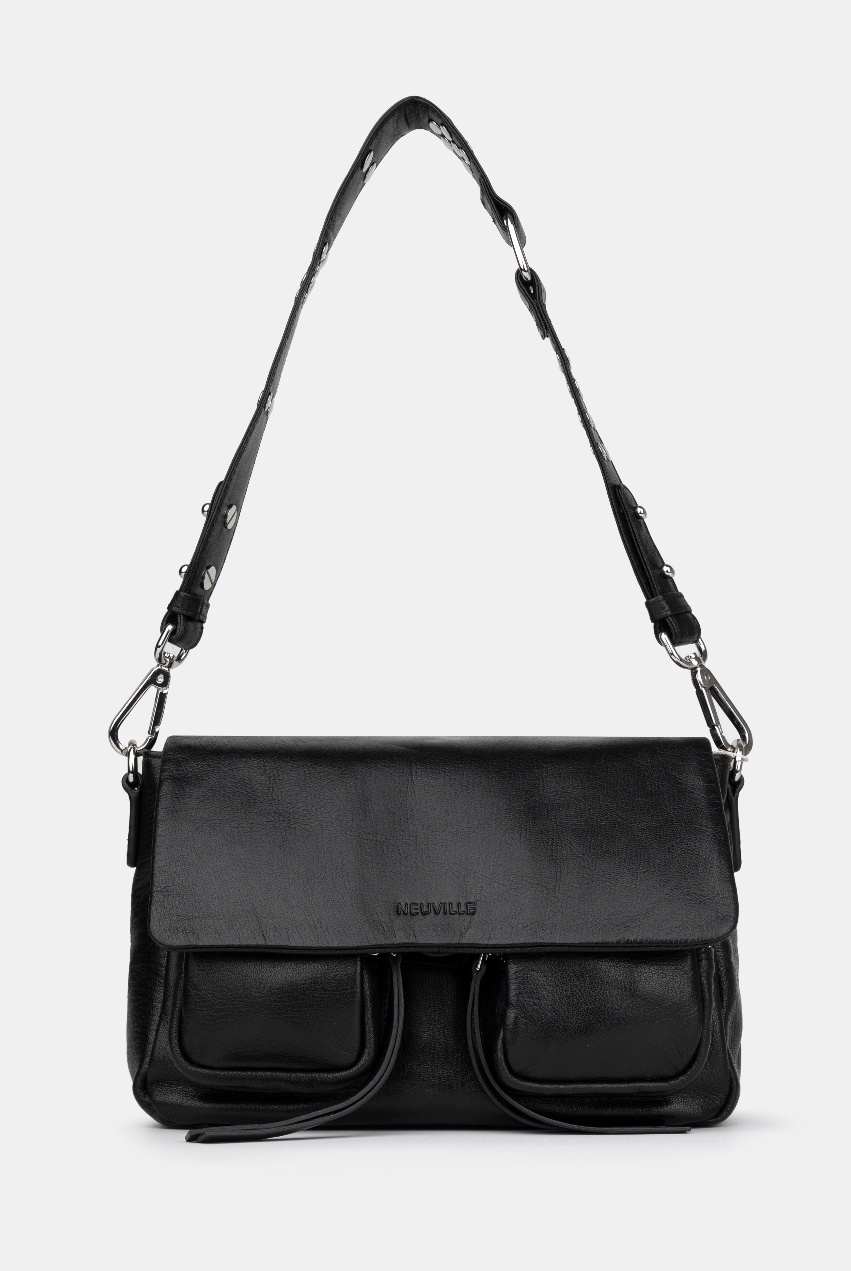 Maxke Black Leather shoulder - and crossbody bag of the brand Neuville.Front photo with strap