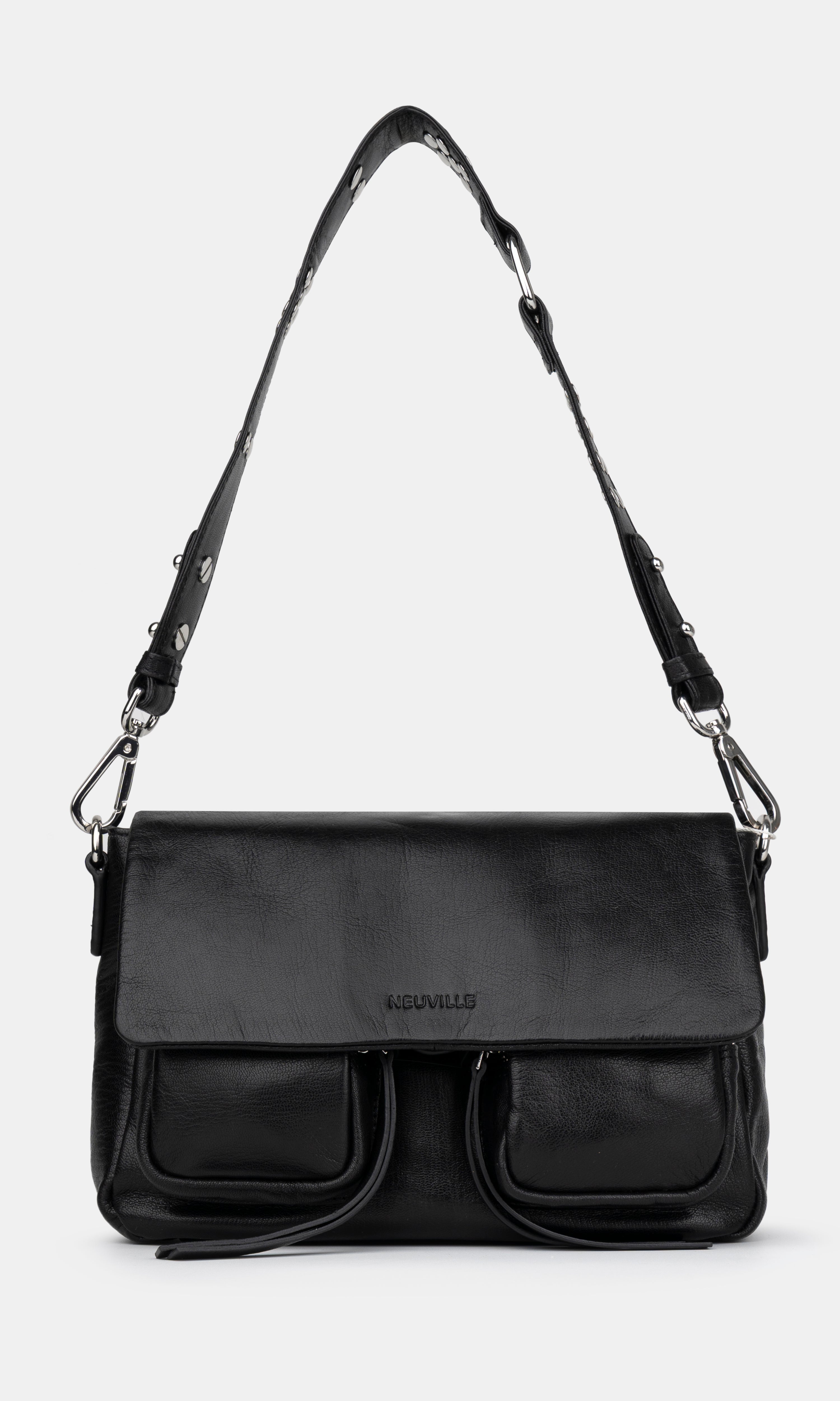 Maxke Black Leather shoulder - and crossbody bag of the brand Neuville.Front photo with strap