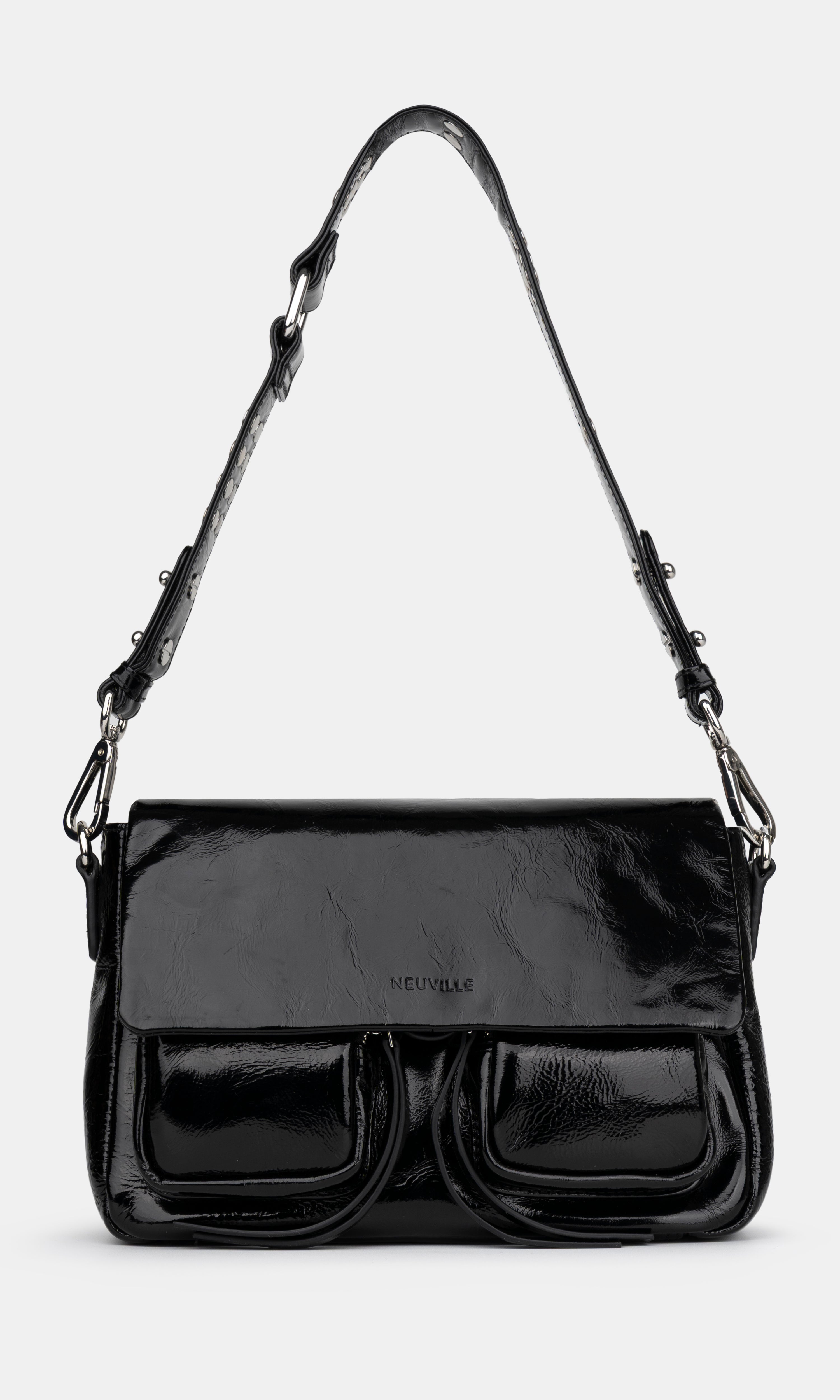 Maxke Crunch Black Leather shoulder - and crossbody bag with golden hardware of the brand Neuville. Front photo with strap