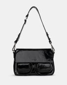 Maxke Crunch Black Leather shoulder - and crossbody bag with golden hardware of the brand Neuville. Front photo with strap