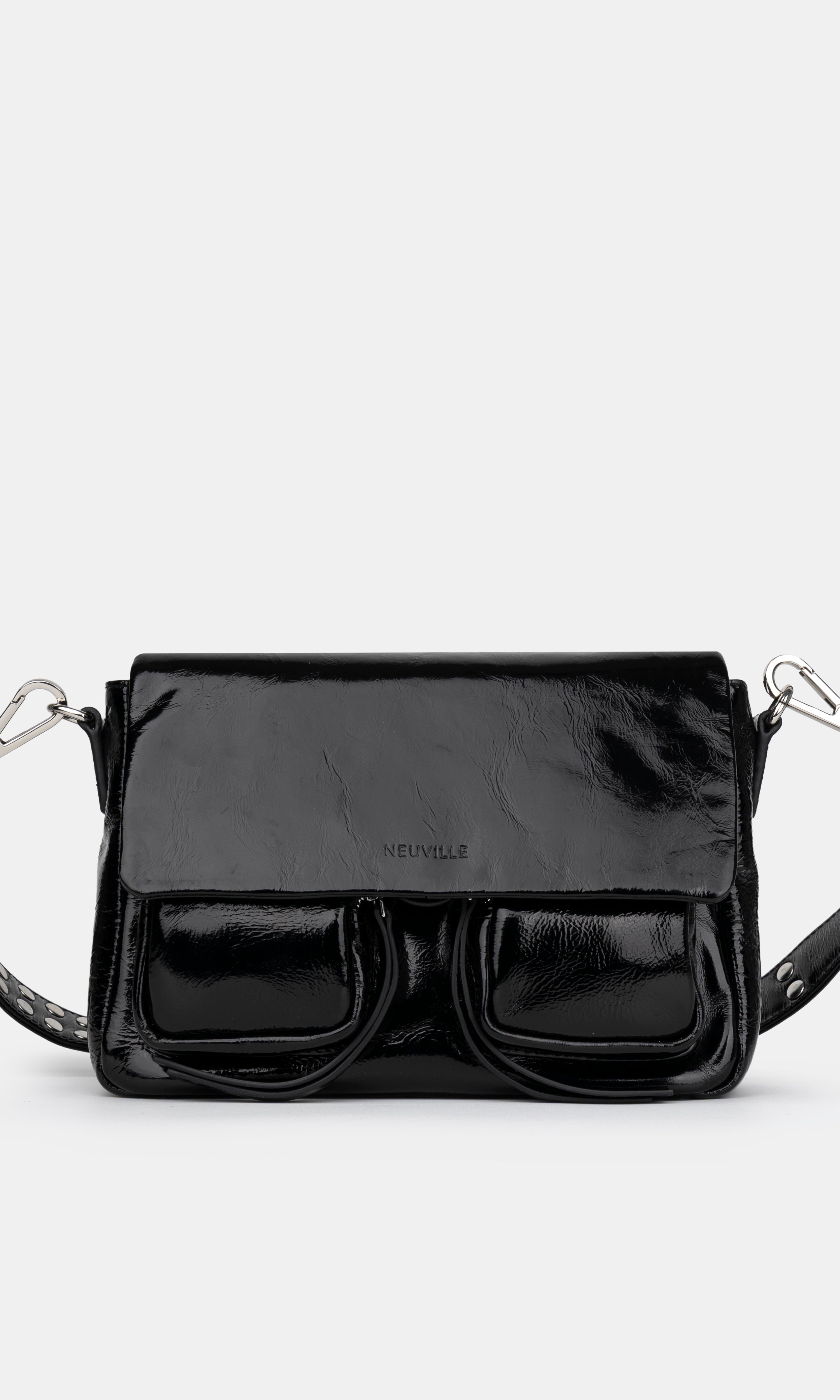 Maxke Crunch Black Leather shoulder - and crossbody bag with golden hardware of the brand Neuville. Front photo