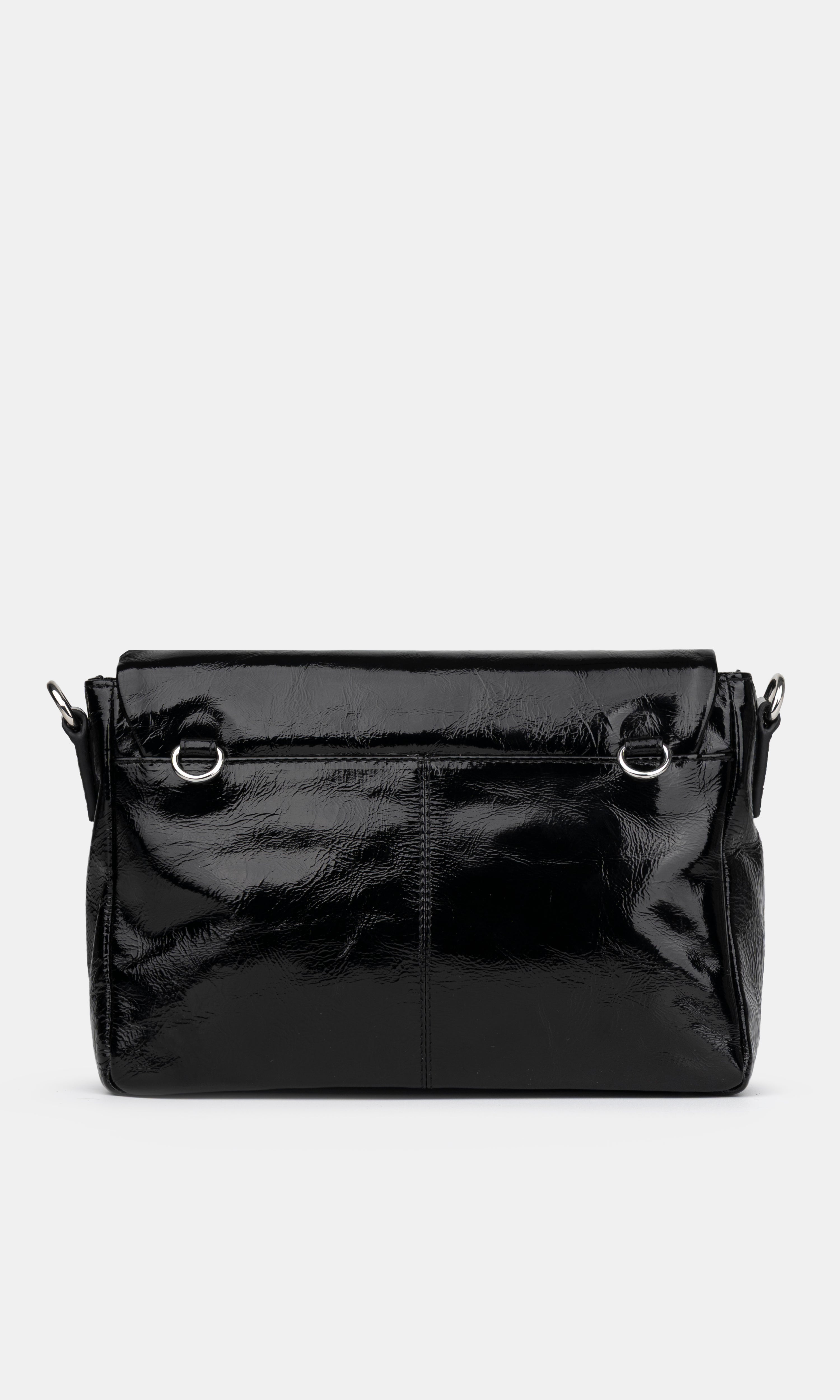 Black handbag on a light gray background