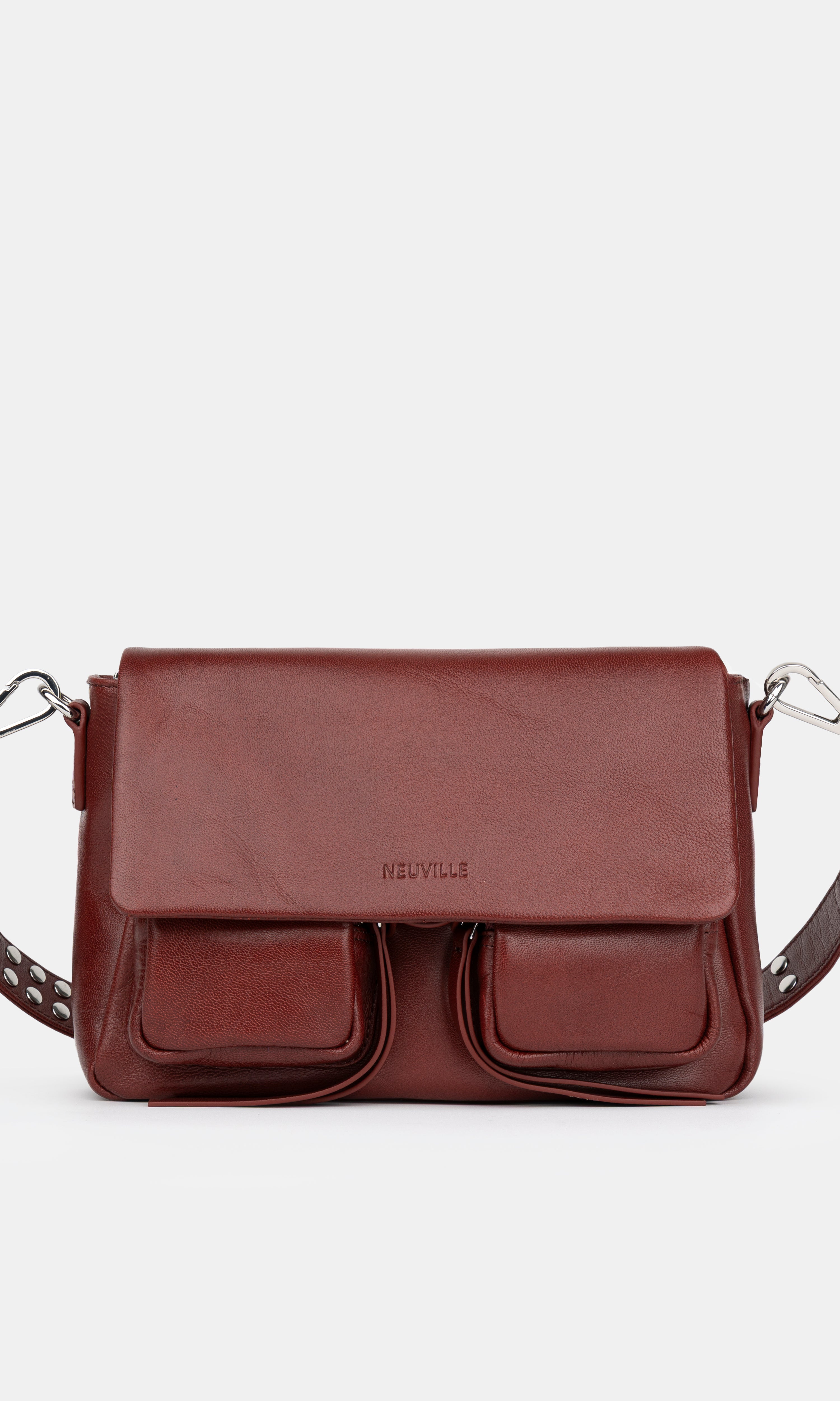 Maxke  Burgundy Leather shoulder - and crossbody bag with golden hardware of the brand Neuville. Front photo