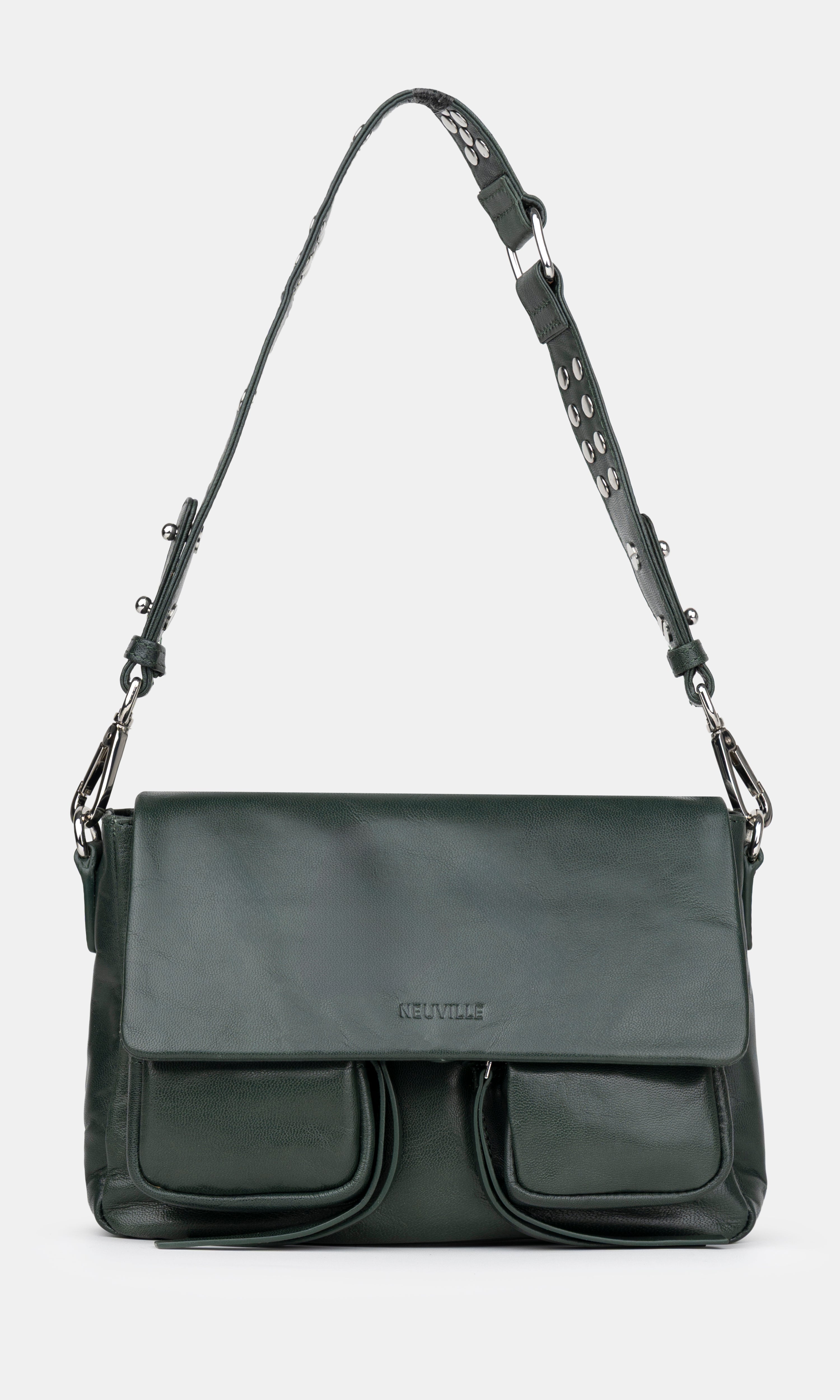 Green shoulder bag with a strap on a light gray background
