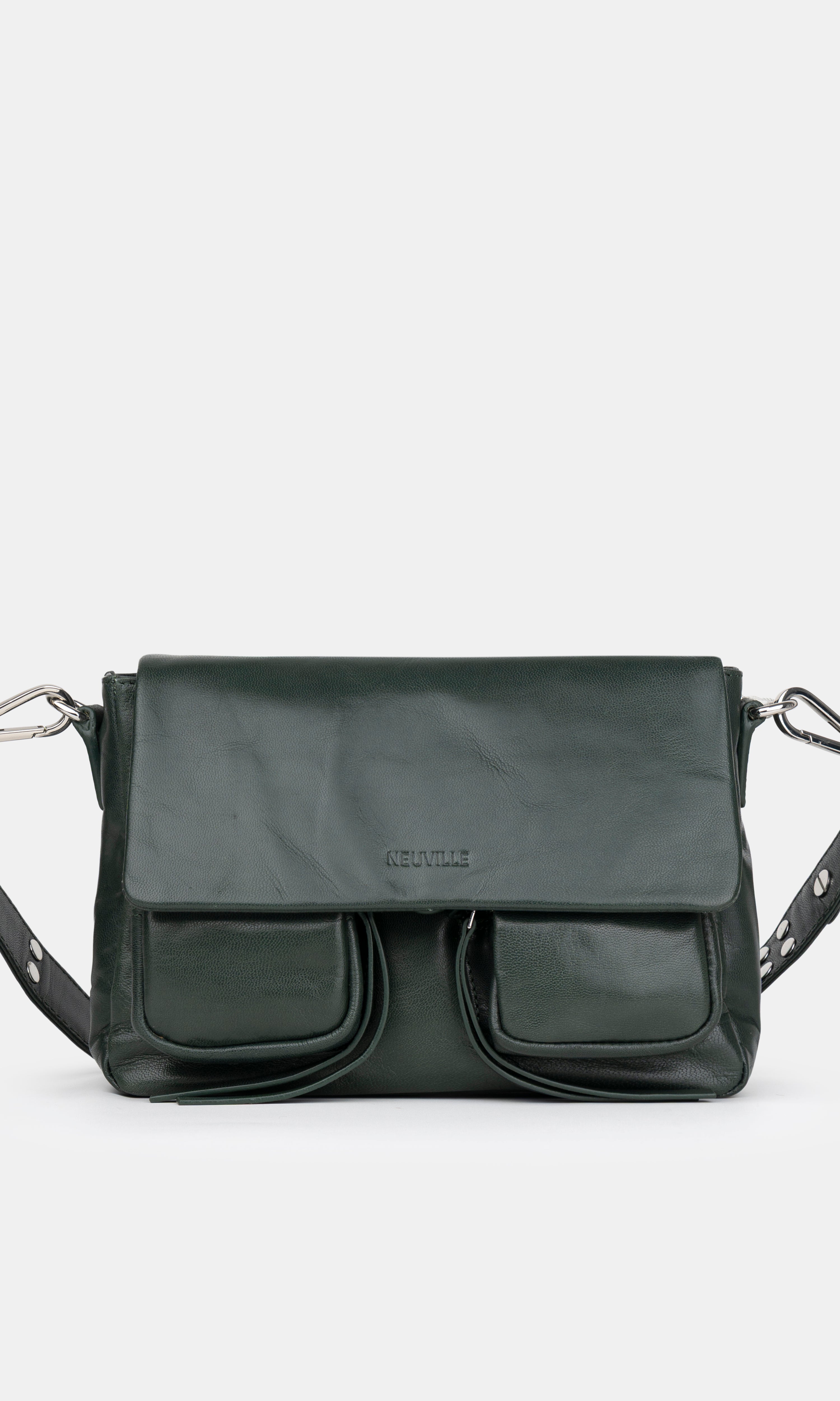 Green leather handbag with a strap on a white background