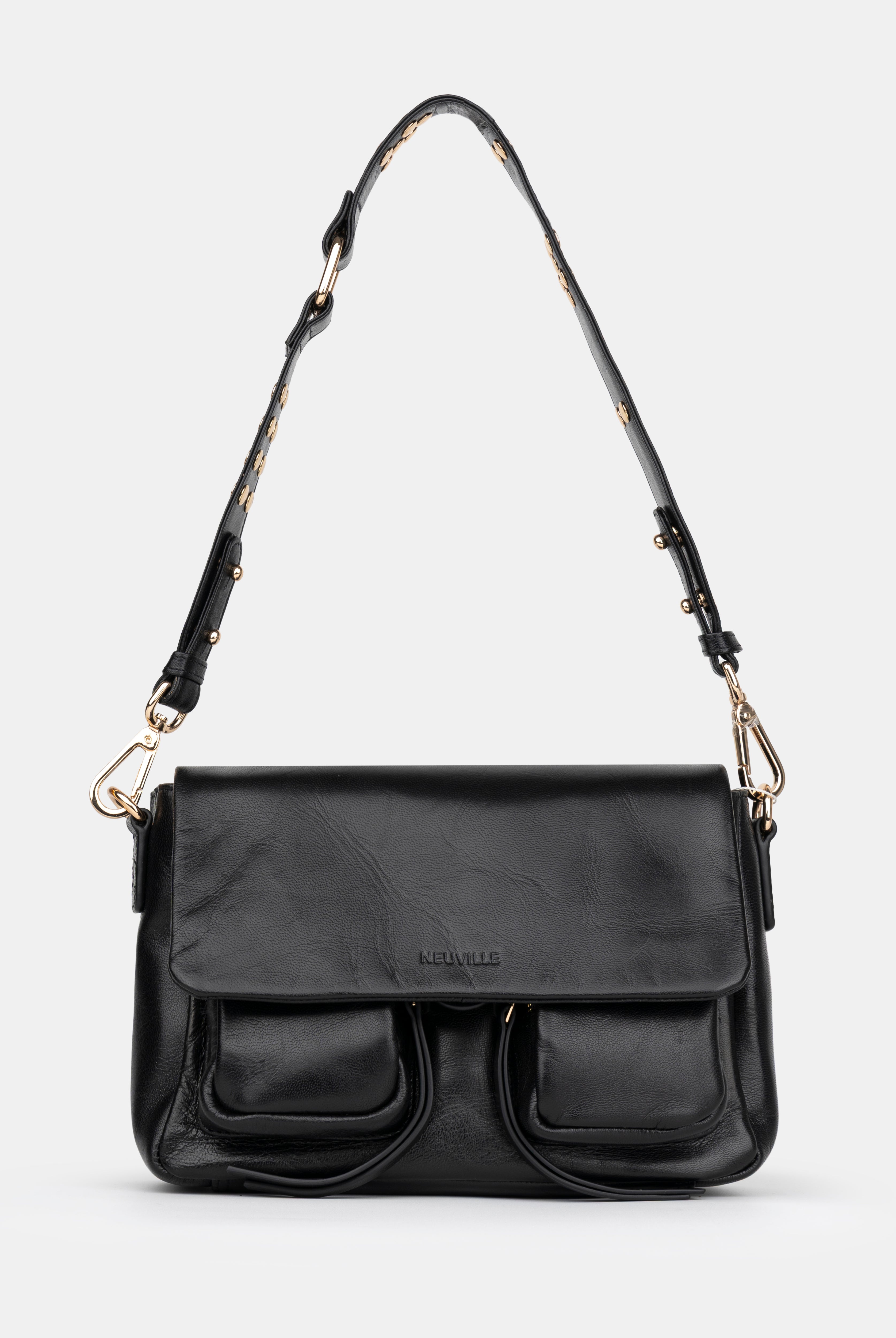 Maxke Black Leather shoulder - and crossbody bag with golden hardware of the brand Neuville. Front photo with strap
