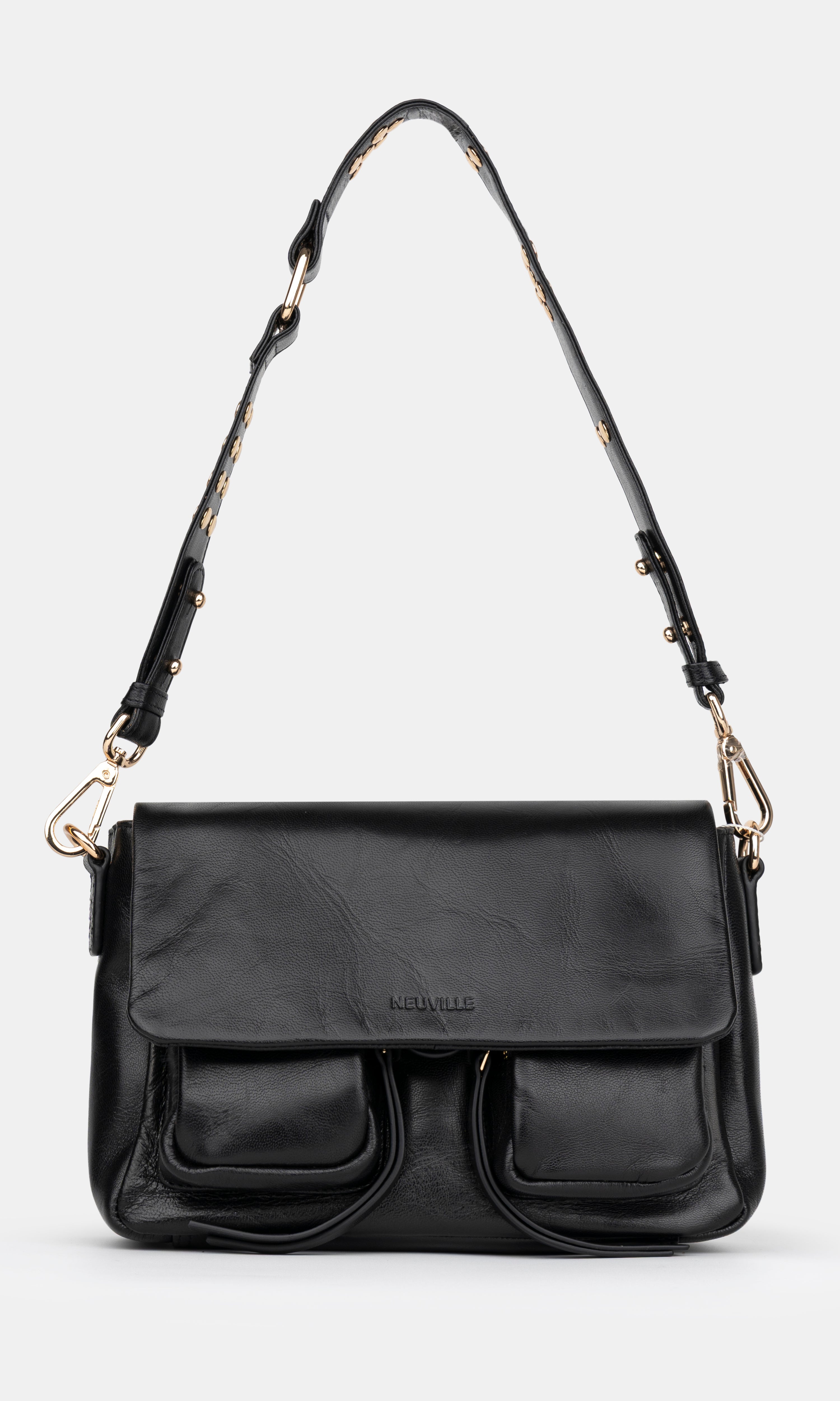 Maxke Black Leather shoulder - and crossbody bag with golden hardware of the brand Neuville. Front photo with strap