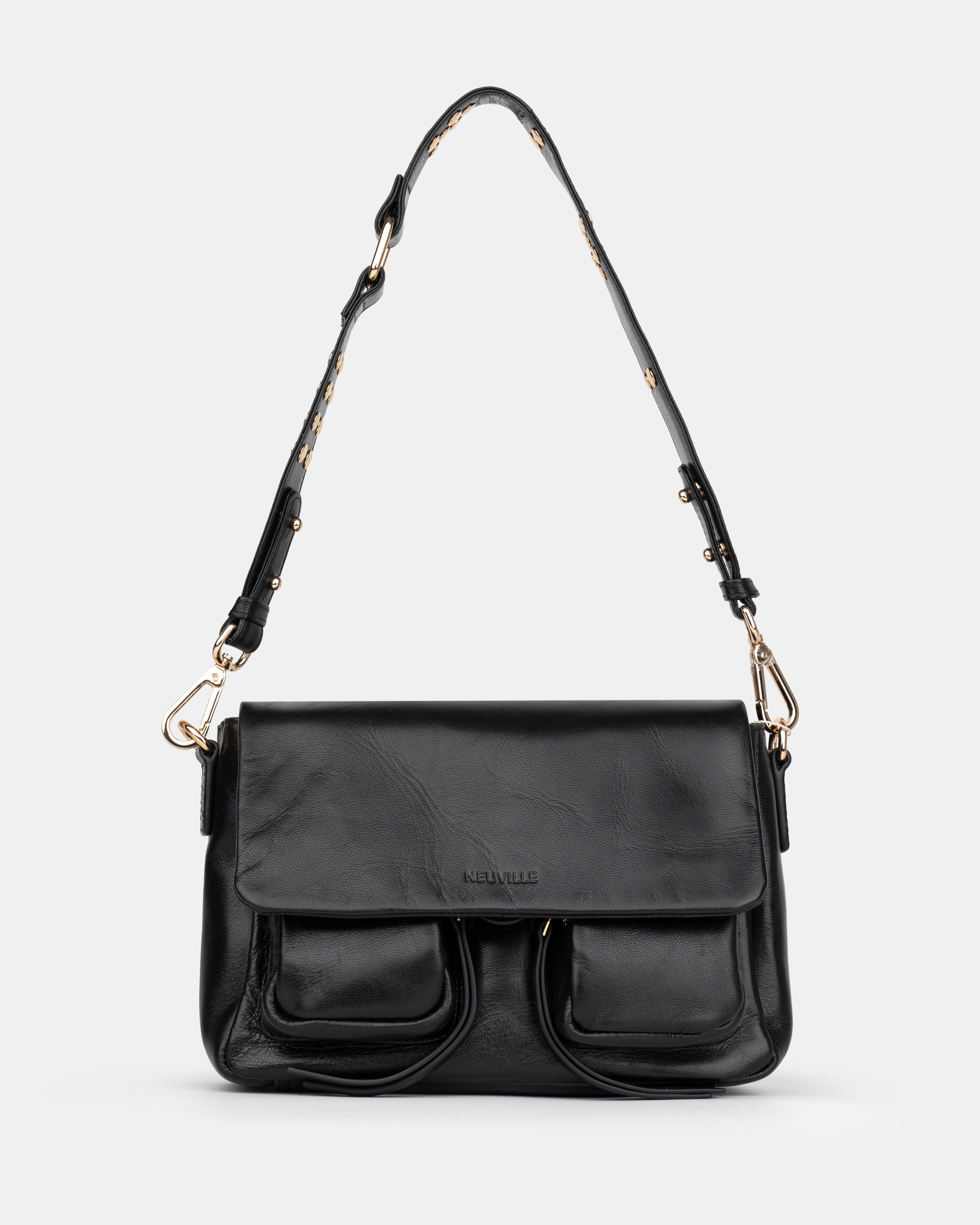 Maxke Black Leather shoulder - and crossbody bag with golden hardware of the brand Neuville. Front photo with strap