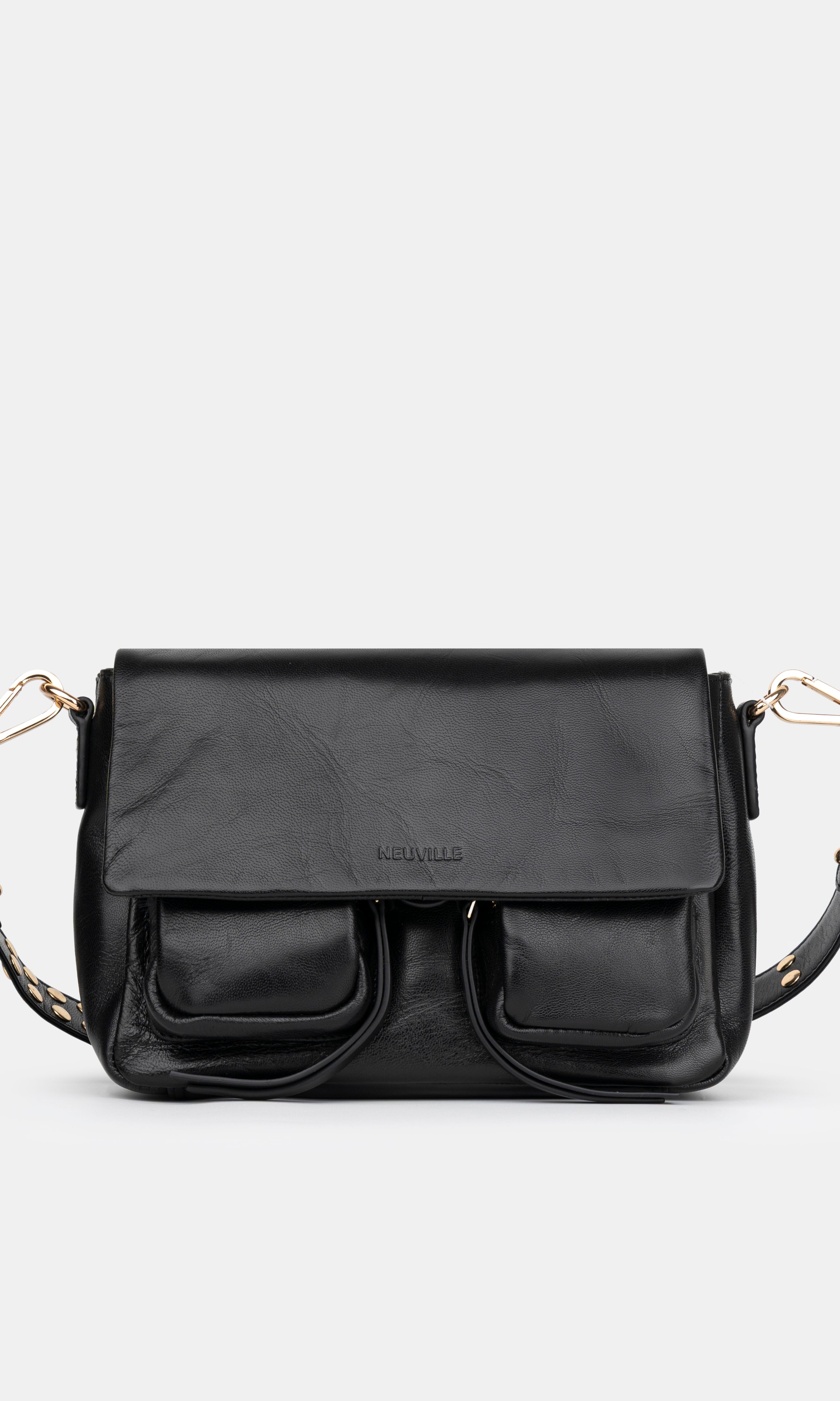 Maxke Black Leather shoulder - and crossbody bag with golden hardware of the brand Neuville. Front photo