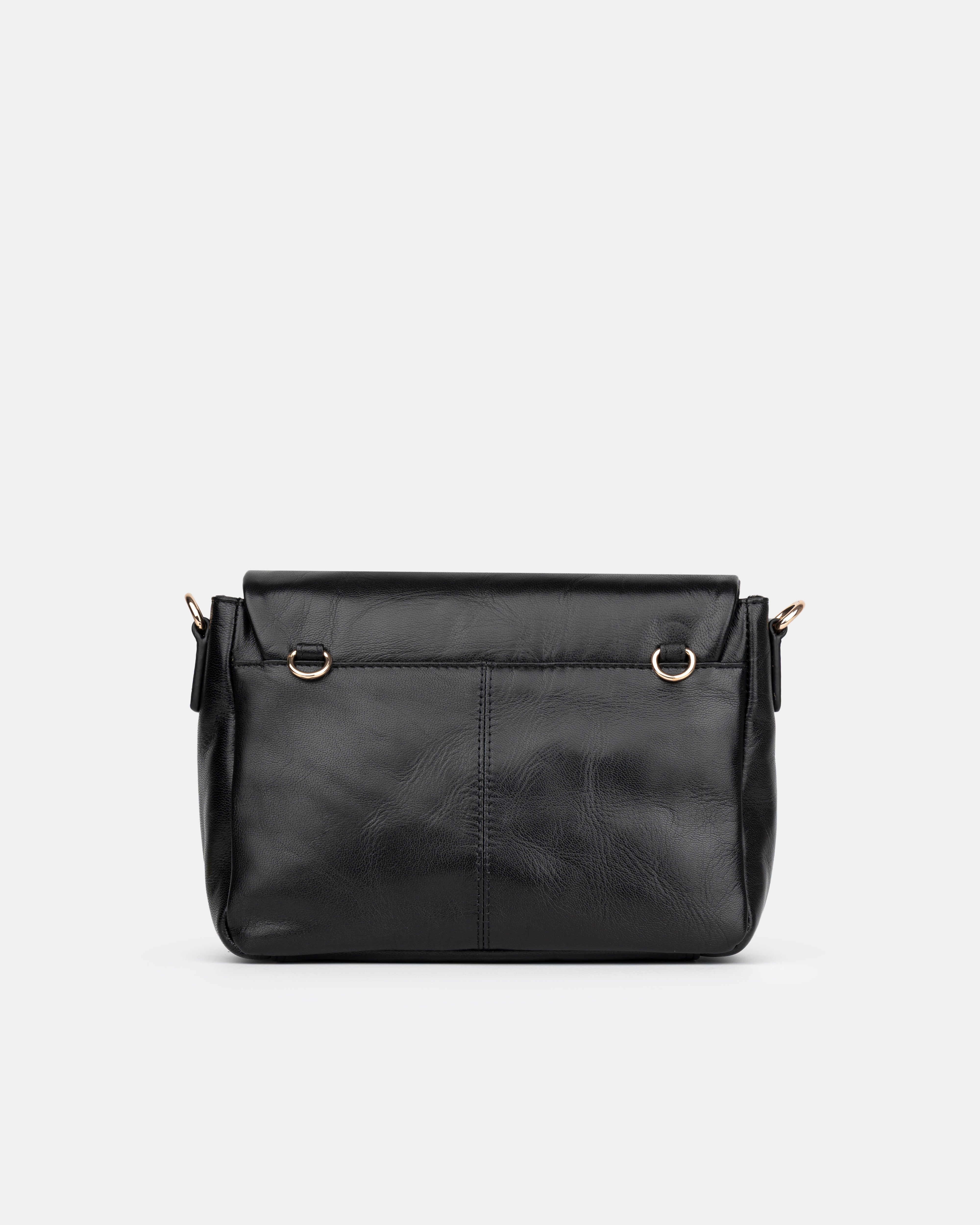 Maxke Black Leather shoulder - and crossbody bag with golden hardware of the brand Neuville. Back photo