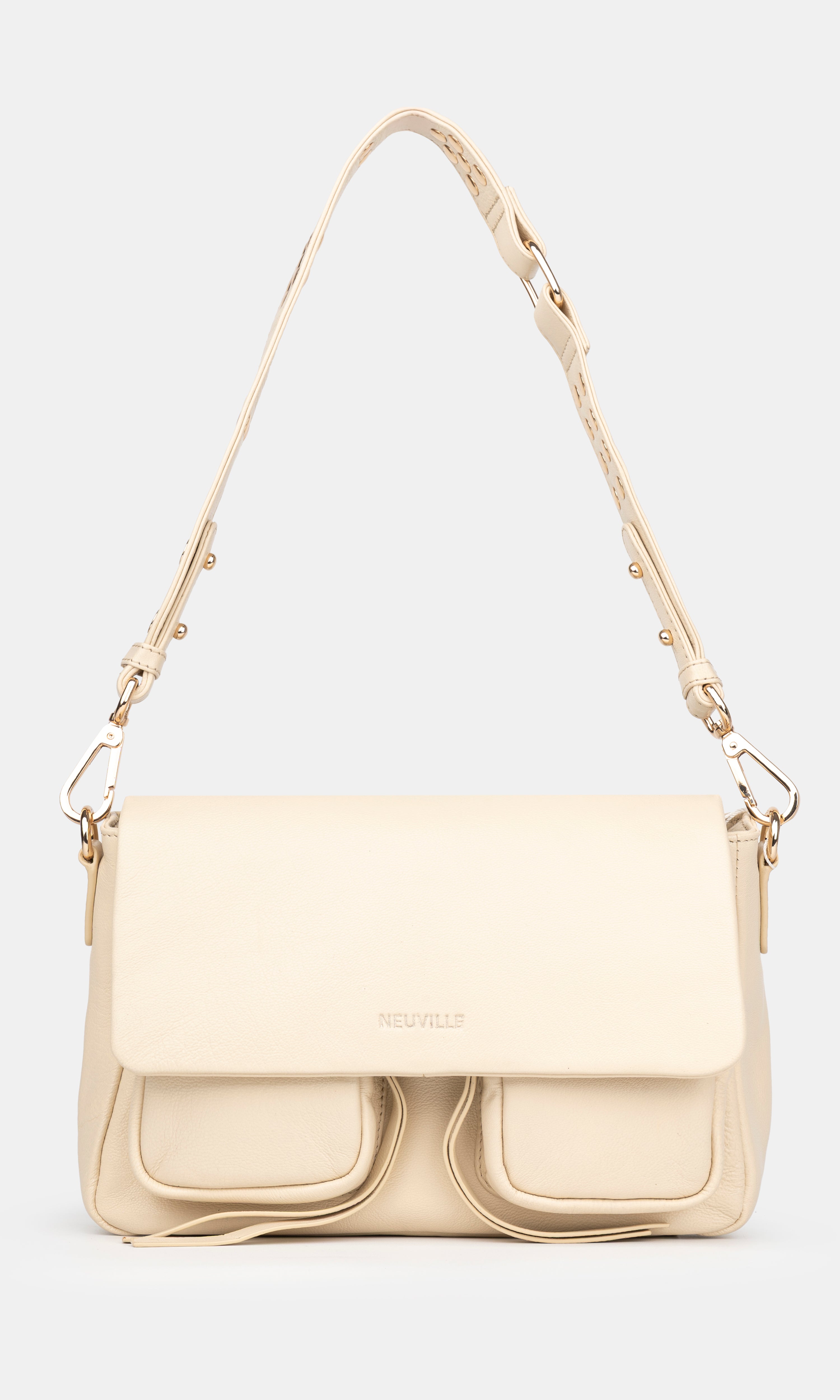 Beige handbag with a strap on a light gray background