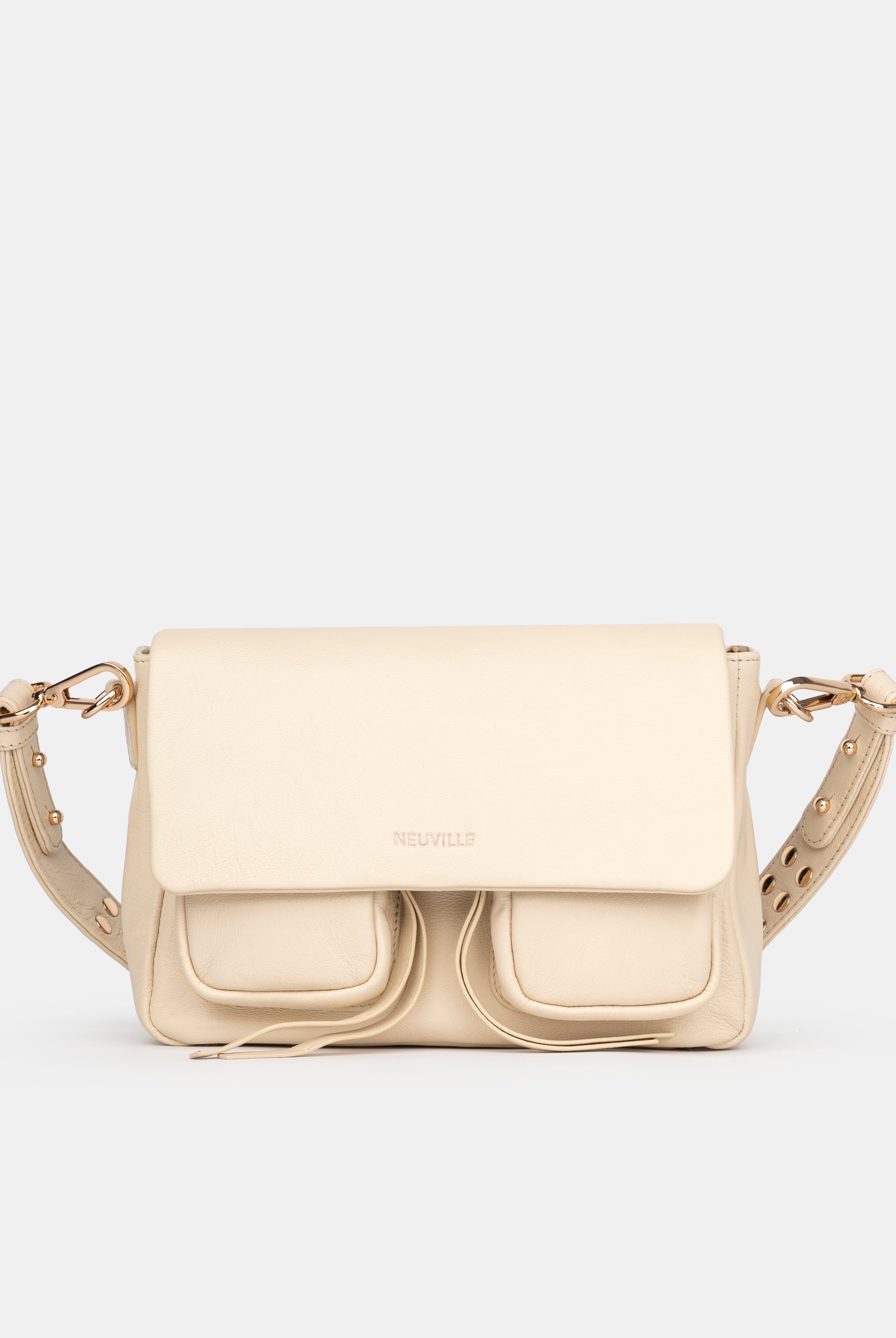 Maxke Ivory Leather shoulder - and crossbody bag with golden hardware of the brand Neuville. Front photo