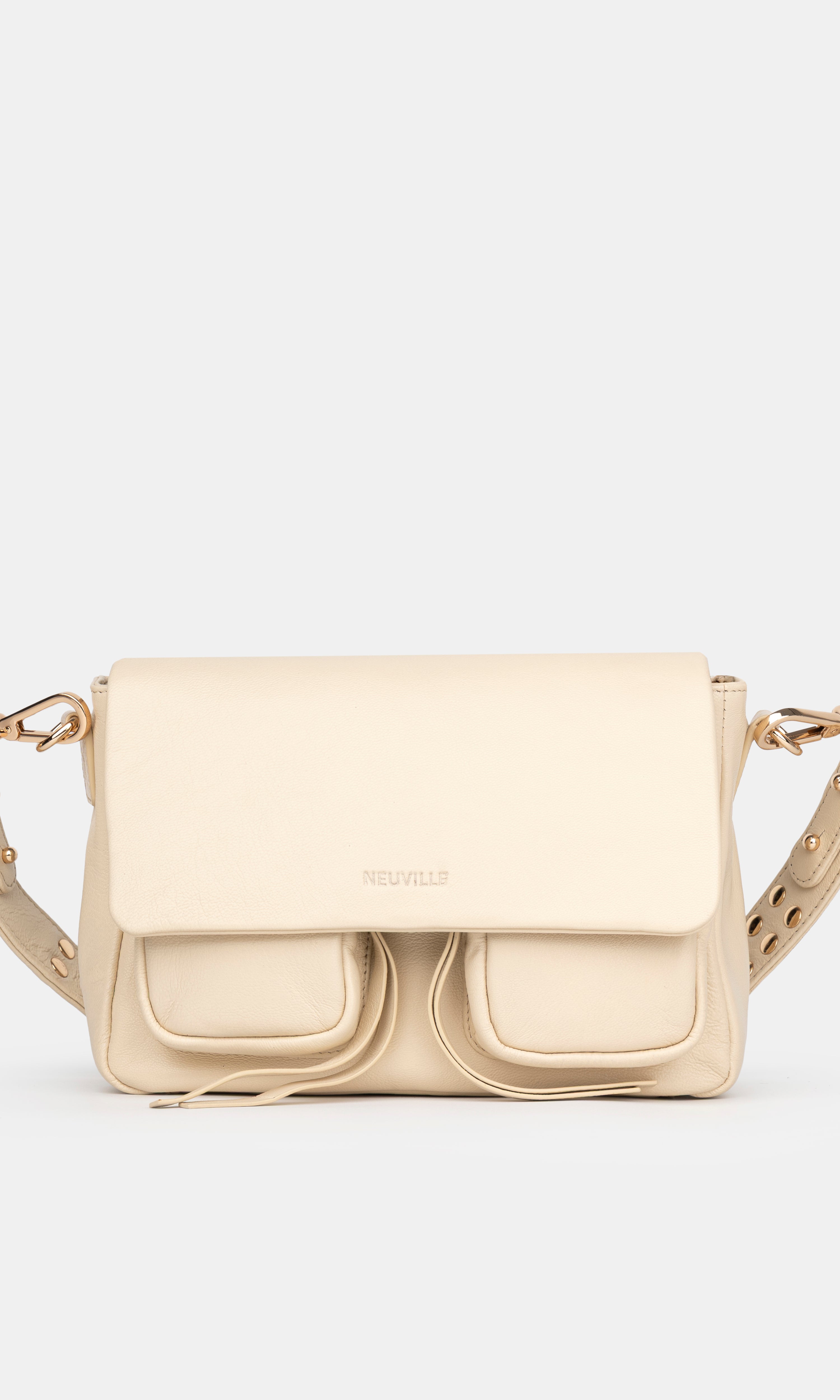 Maxke Ivory Leather shoulder - and crossbody bag with golden hardware of the brand Neuville. Front photo
