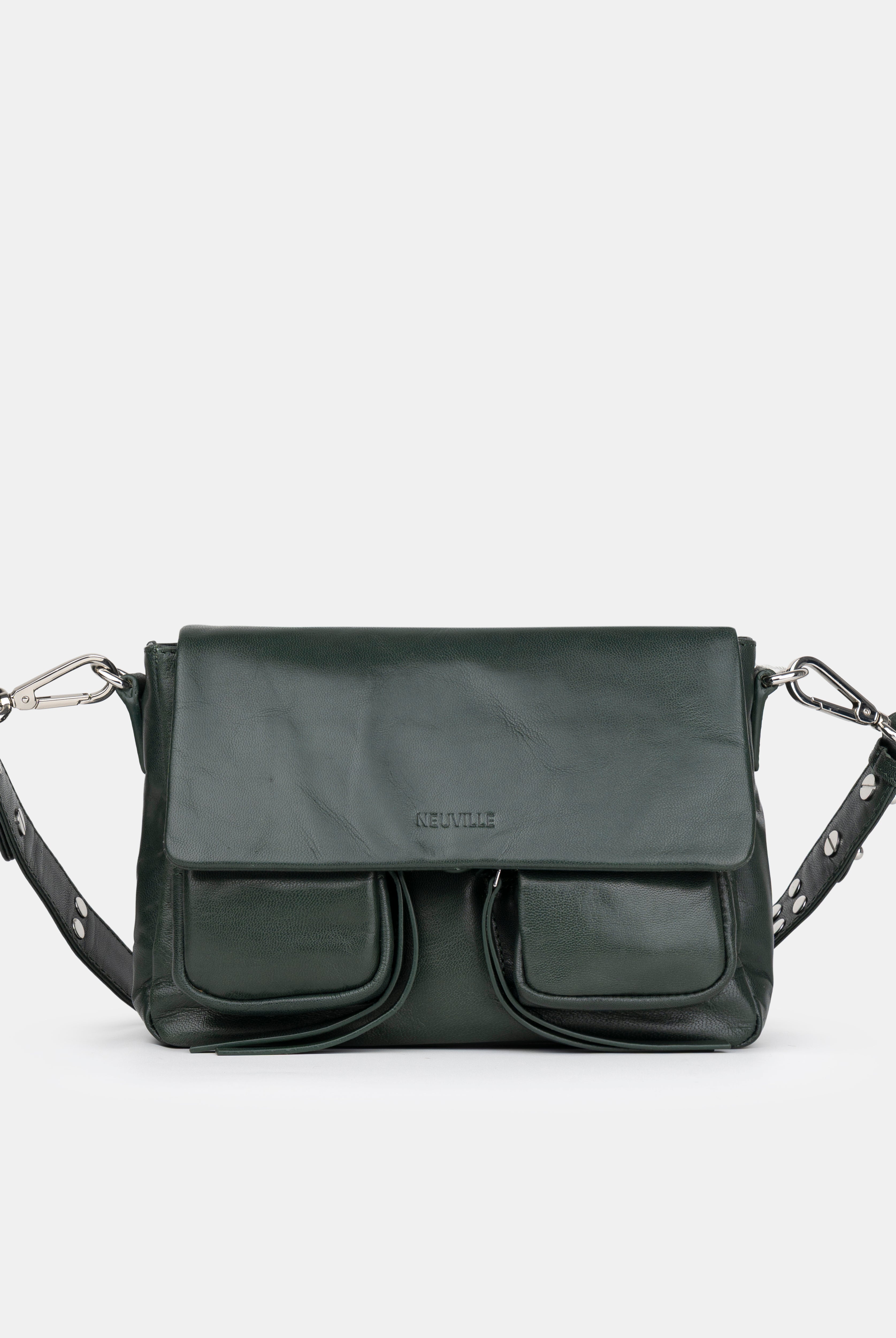 Green leather handbag with a strap on a white background