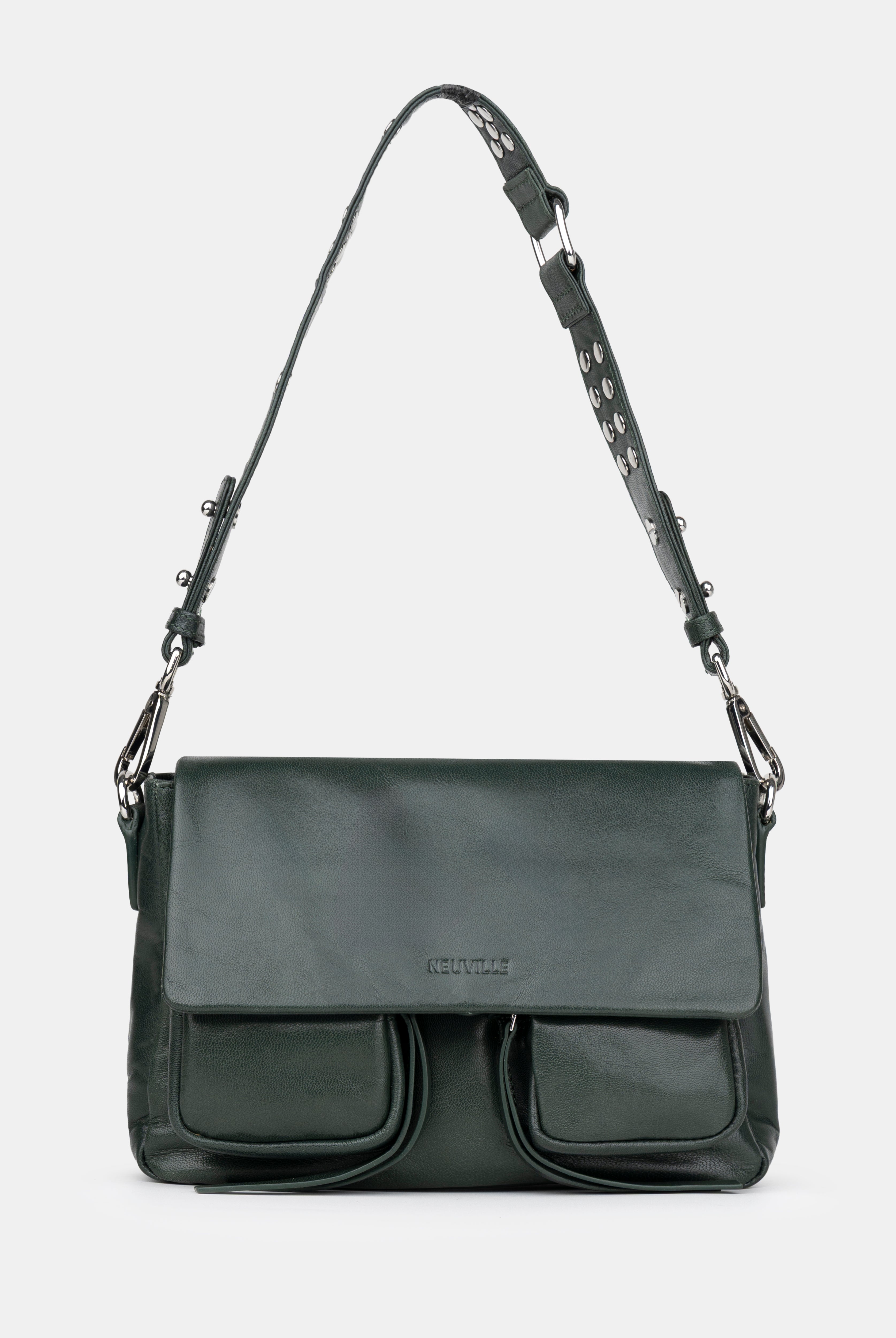 Green shoulder bag with a strap on a light gray background
